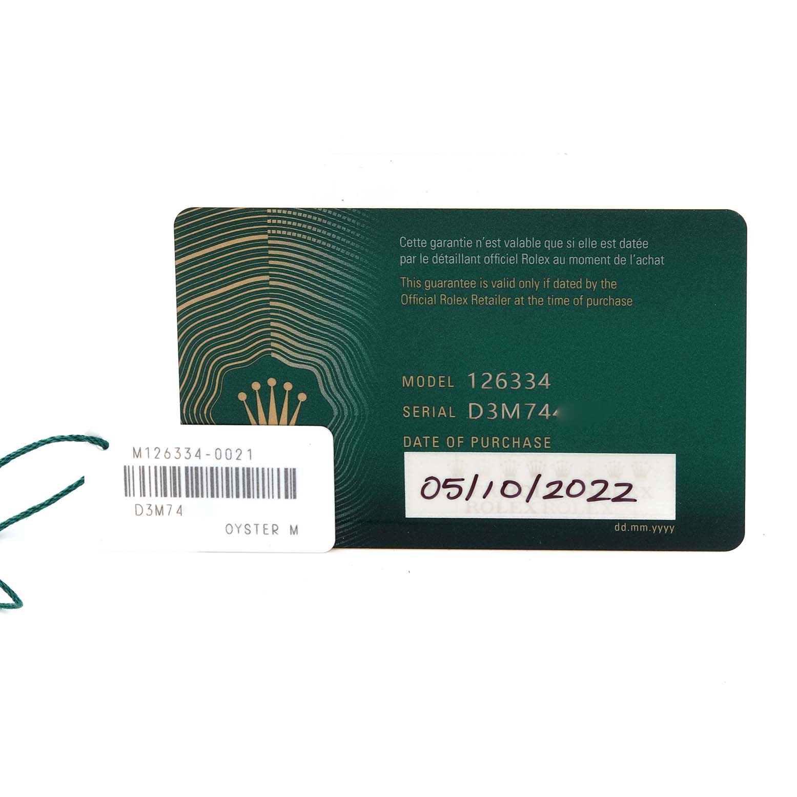 The image shows the warranty card and tag for the Rolex Datejust 41 126334 Men
s Stainless Steel Grey Dial 126334 Men
s Stainless Steel Grey Dial model, with the purchase date recorded.