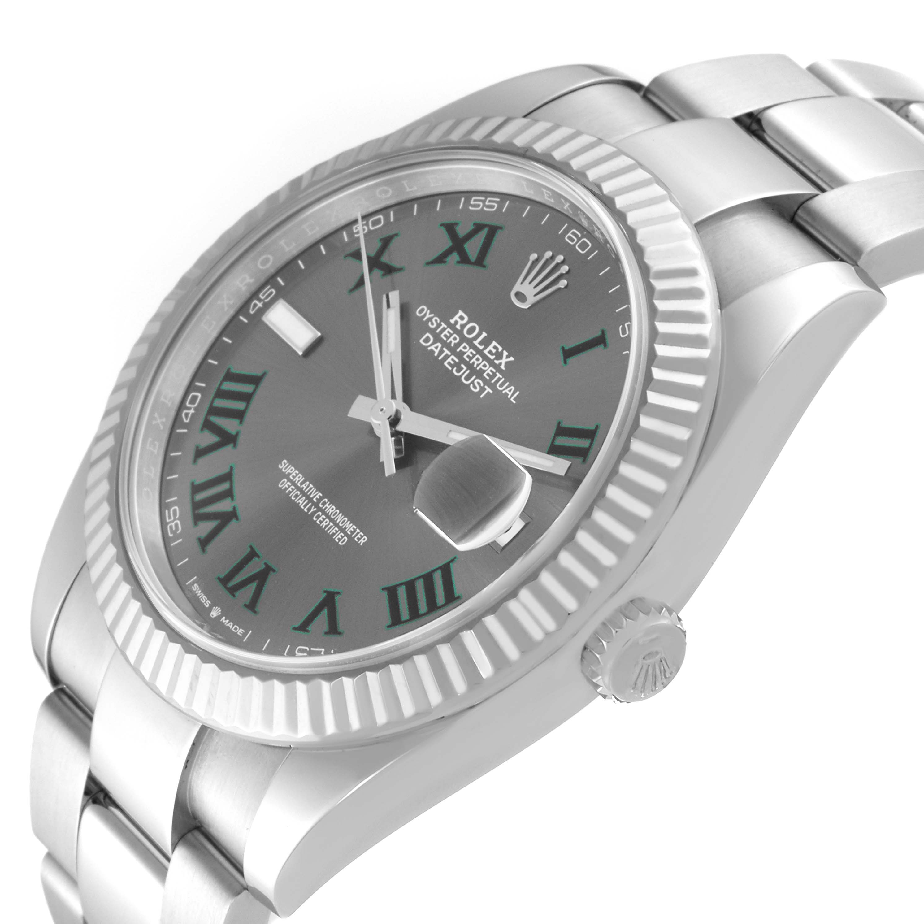 The image shows a side angle view of the Rolex Datejust 41 126334 Men
s Stainless Steel Grey Dial 126334 Men
s Stainless Steel Grey Dial watch, highlighting the dial, bezel, crown, and bracelet.