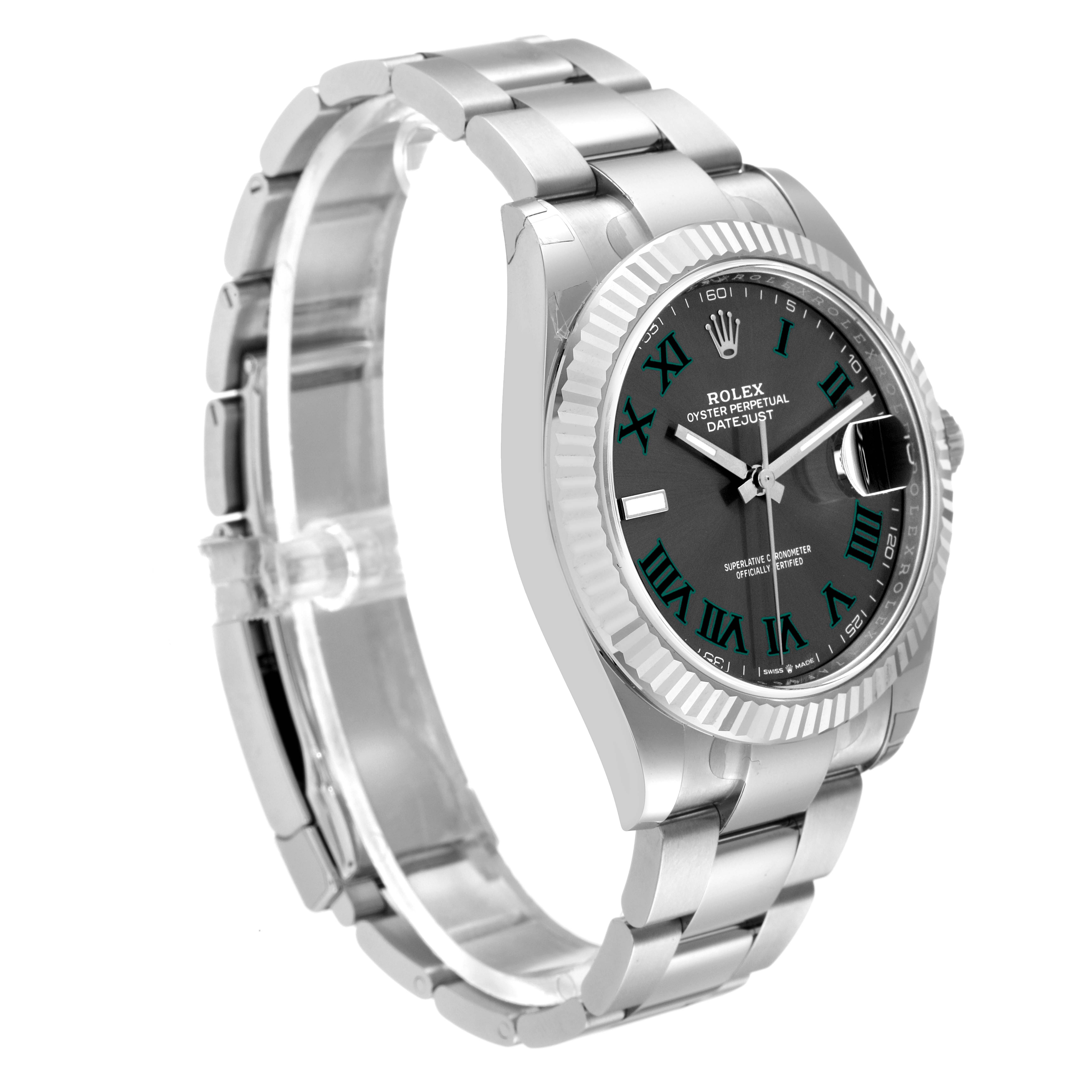 The Rolex Datejust 41 126334 Men's Stainless Steel Grey Dial 126334 Men's Stainless Steel Grey Dial is shown at a three-quarter angle, highlighting its bracelet, case, and dial with Roman numerals.