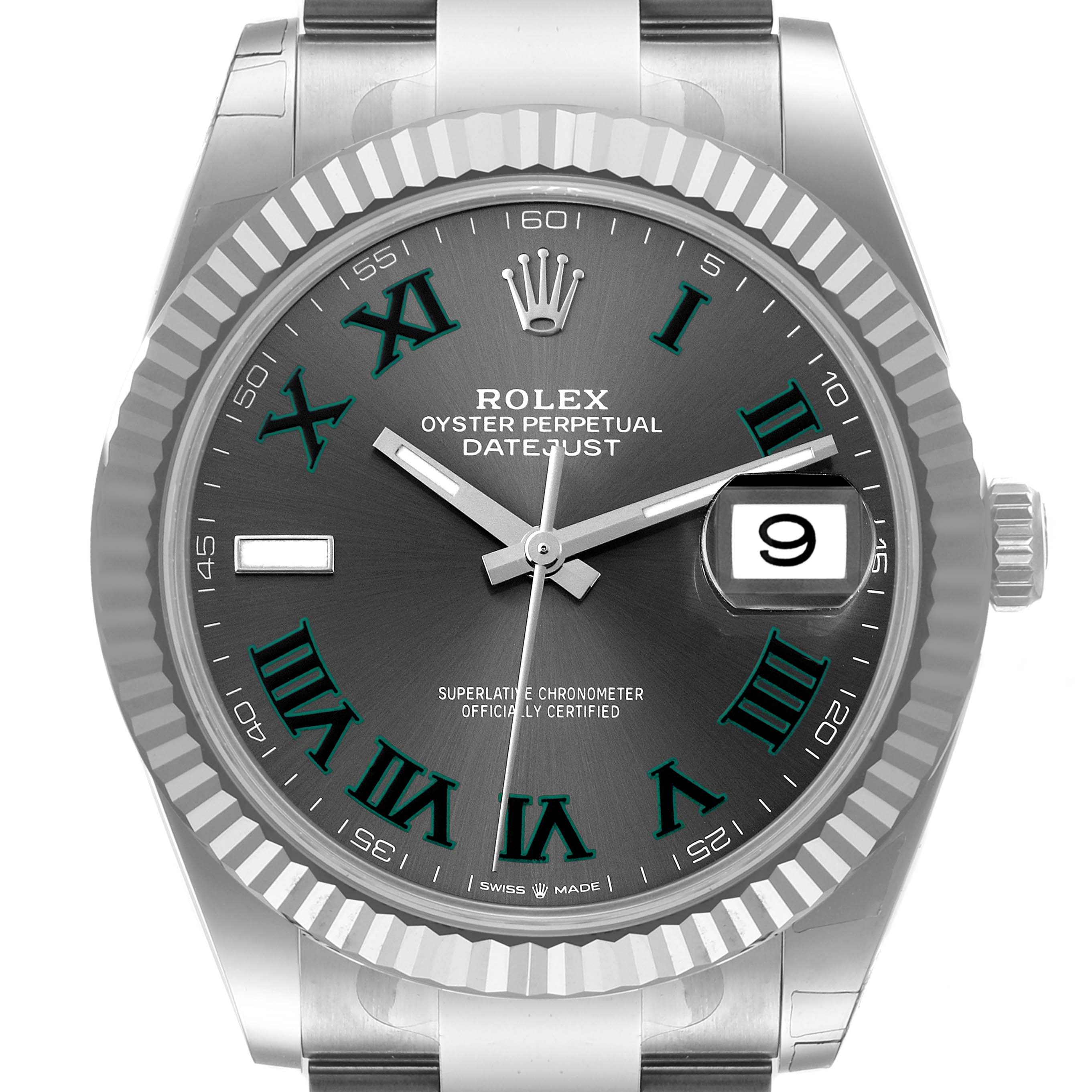 The image shows a front view of the Rolex Datejust 41 126334 Men's Stainless Steel Grey Dial 126334 Men's Stainless Steel Grey Dial watch, highlighting the dial, fluted bezel, and part of the bracelet.