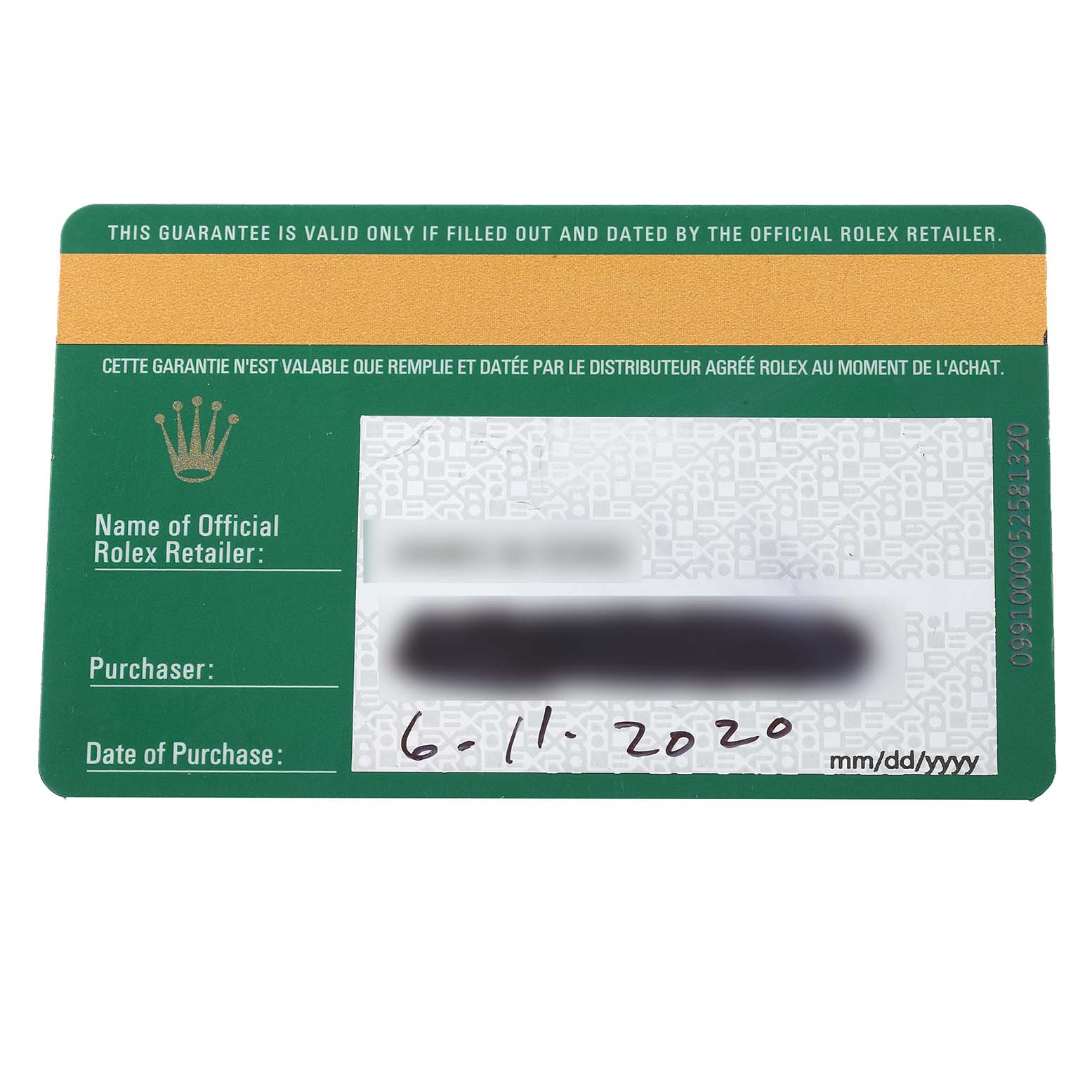 This image shows a close-up of the warranty card from Rolex for the Datejust 41 model, indicating the date of purchase.