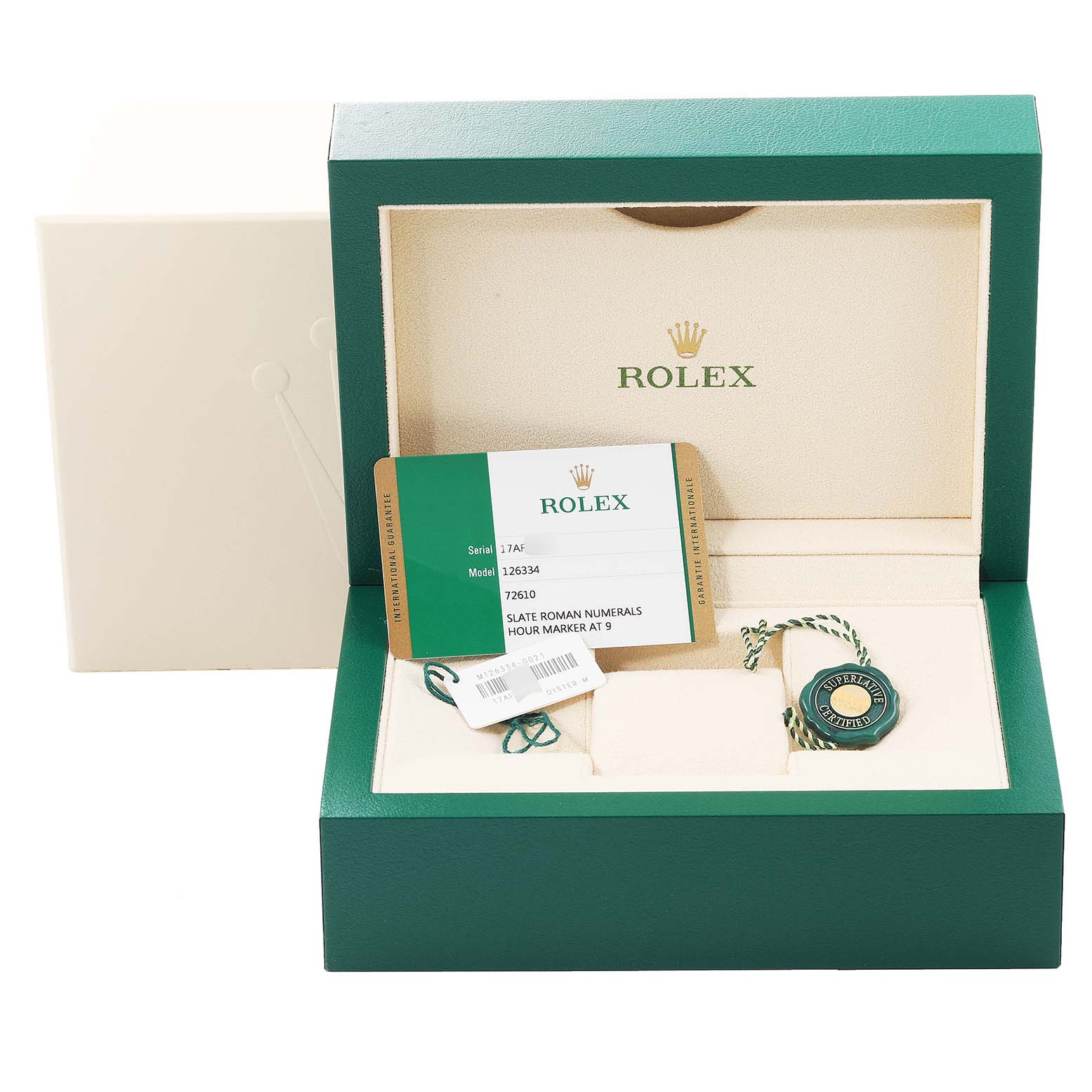 The image shows the packaging for a Rolex Datejust 41 126334 Men's Stainless Steel Grey Dial 126334 Men's Stainless Steel Grey Dial, including a green box, tag, and authenticity card.