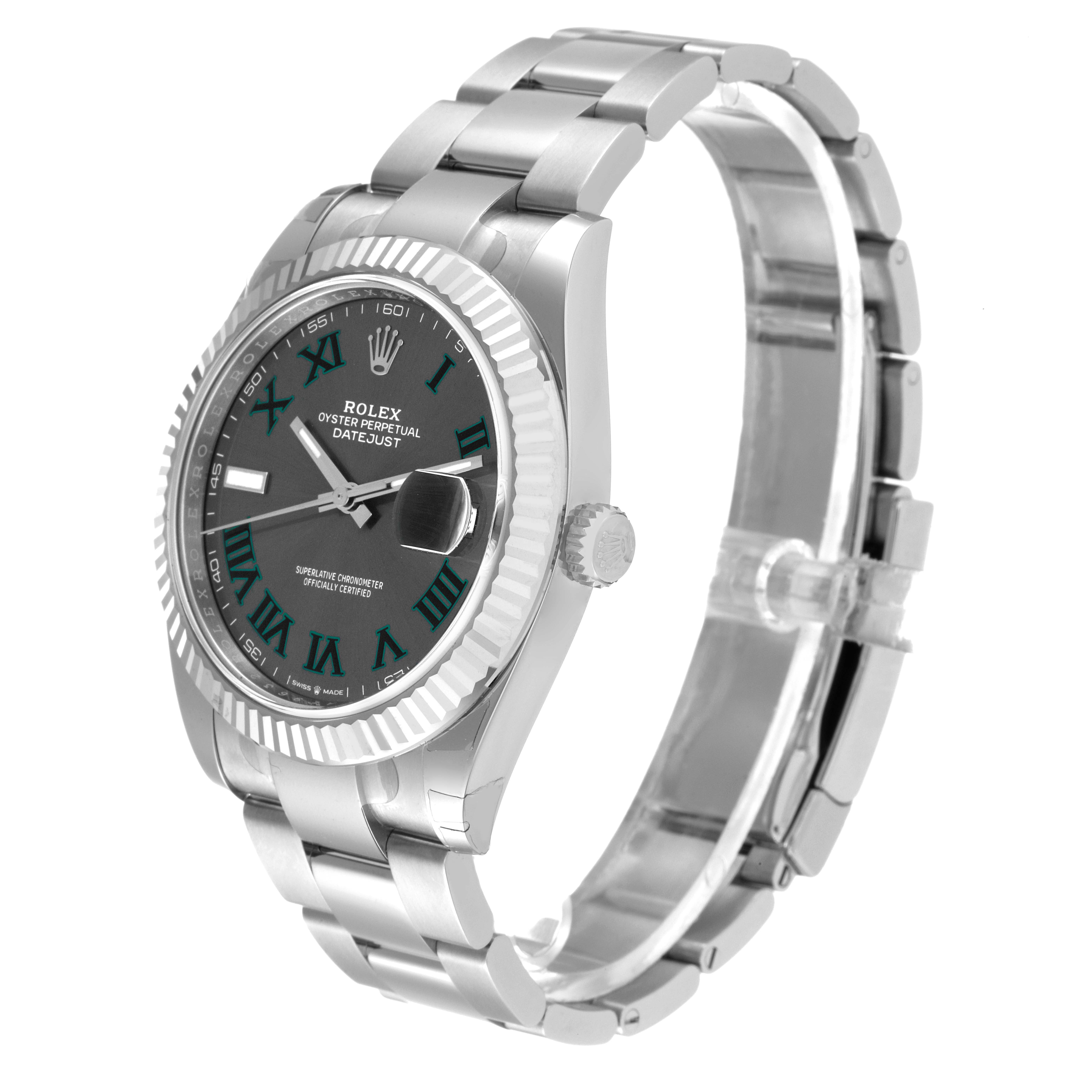 The image shows a Rolex Datejust 41 126334 Men's Stainless Steel Grey Dial 126334 Men's Stainless Steel Grey Dial watch at a 3/4 angle, highlighting the face, bezel, crown, and link bracelet.