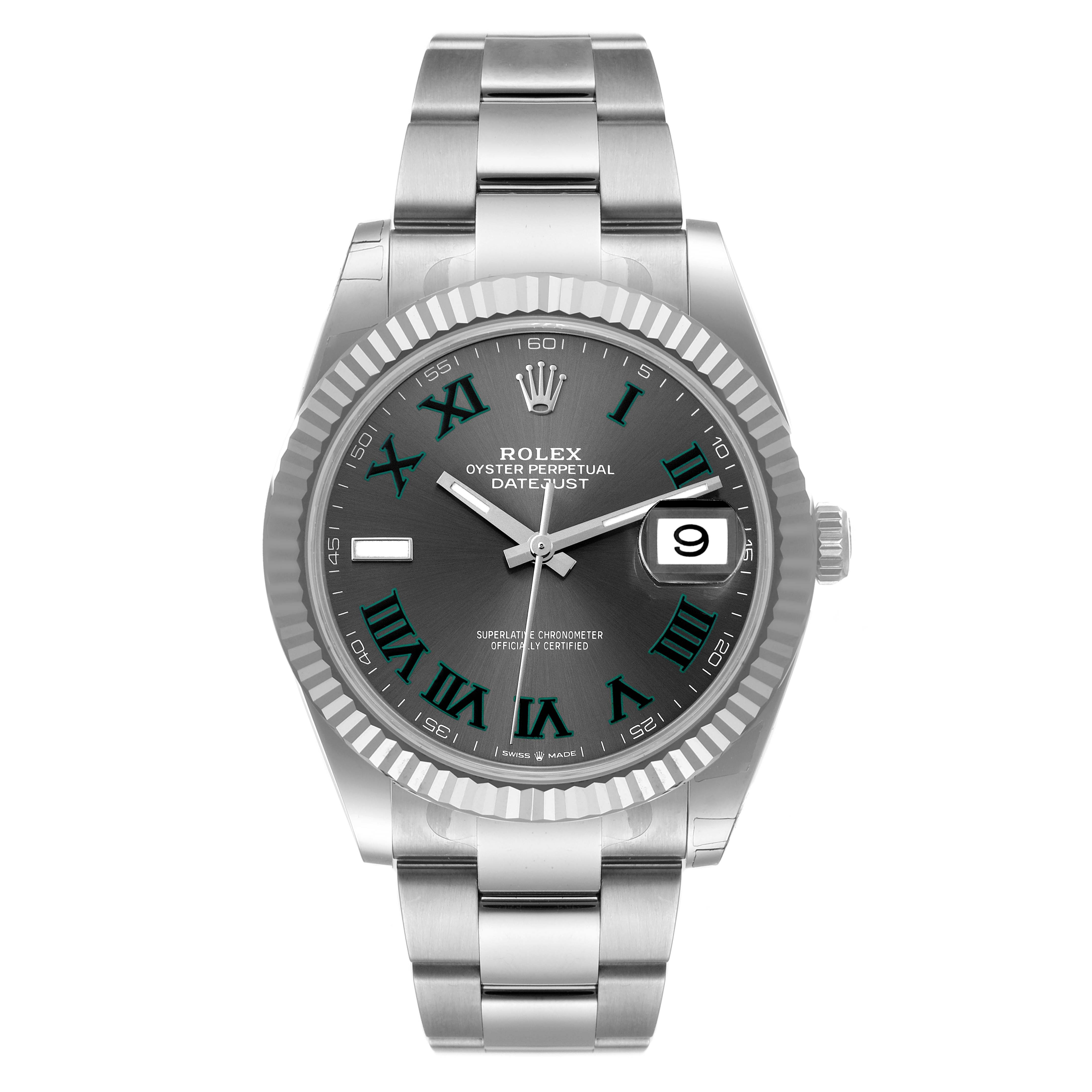 The image shows a front view of the Rolex Datejust 41 126334 Men's Stainless Steel Grey Dial 126334 Men's Stainless Steel Grey Dial watch, highlighting its face, bezel, and bracelet.