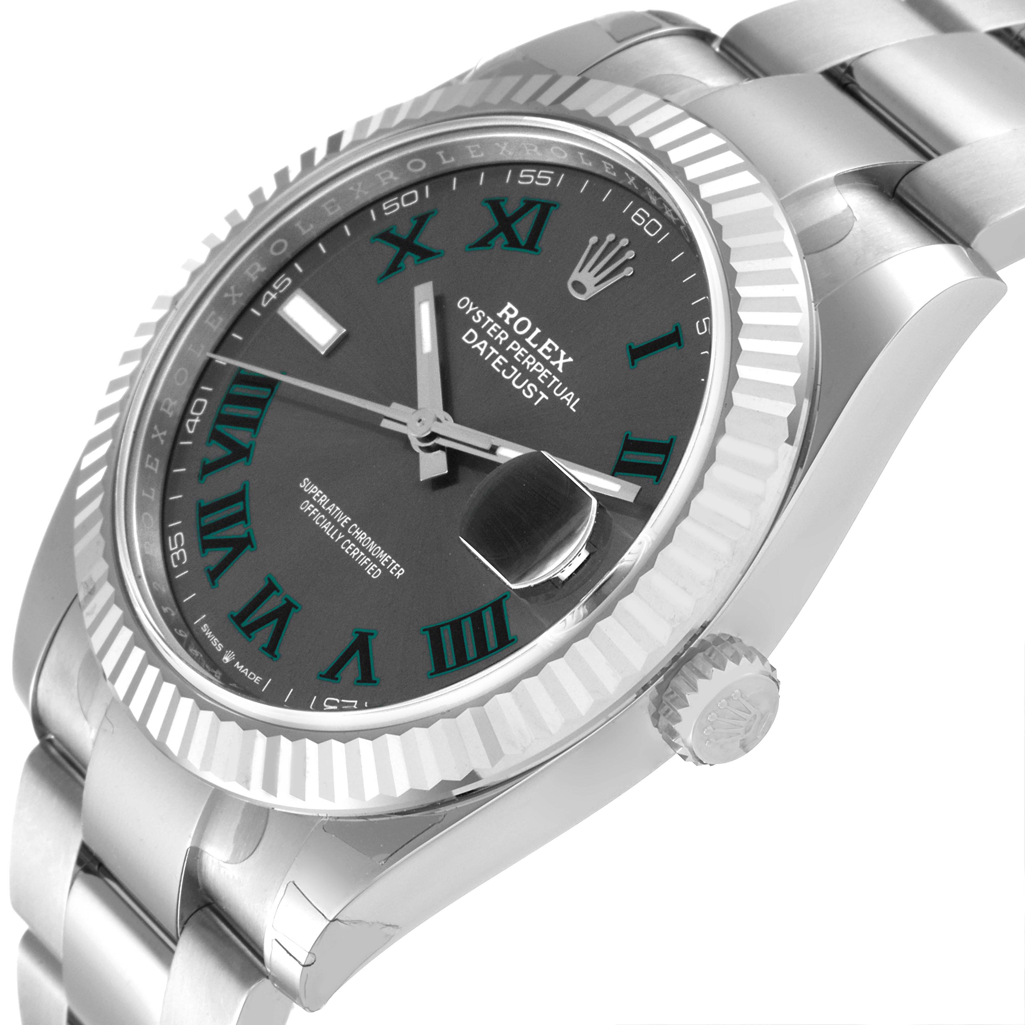 The image shows a side angle of a Rolex Datejust 41 126334 Men's Stainless Steel Grey Dial 126334 Men's Stainless Steel Grey Dial watch featuring its bezel, dial, bracelet, hands, and crown.