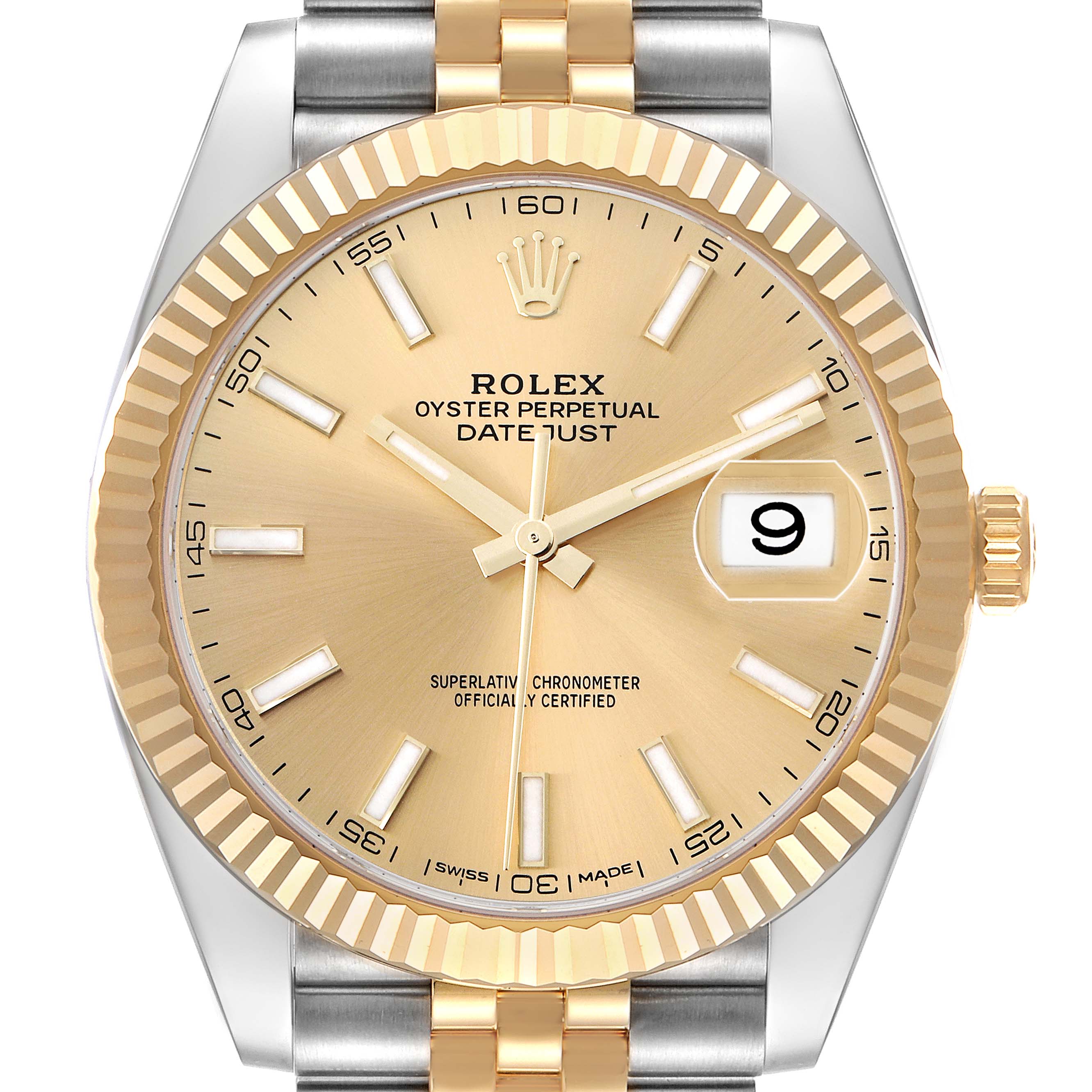 The Rolex Datejust 41 126333 Men
s Steel and Gold (two tone) Champagne Dial is shown from a front view, highlighting the gold dial, fluted bezel, and two-tone metal bracelet.