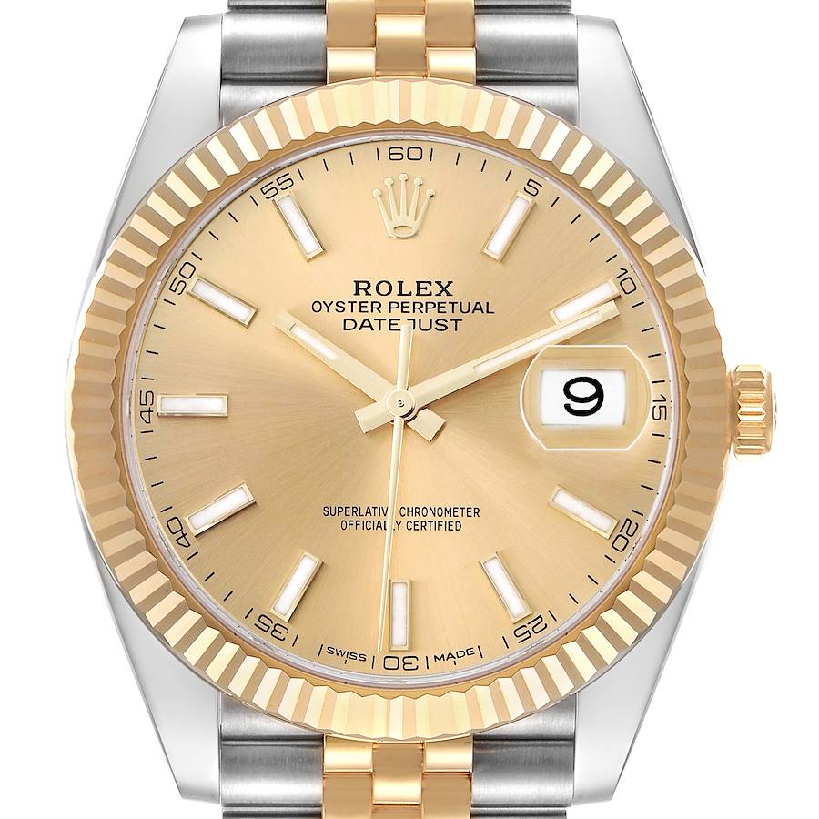 The Rolex Datejust 41 126333 Men's Steel and Gold (two tone) Champagne Dial is shown from a front view, highlighting the gold dial, fluted bezel, and two-tone metal bracelet.