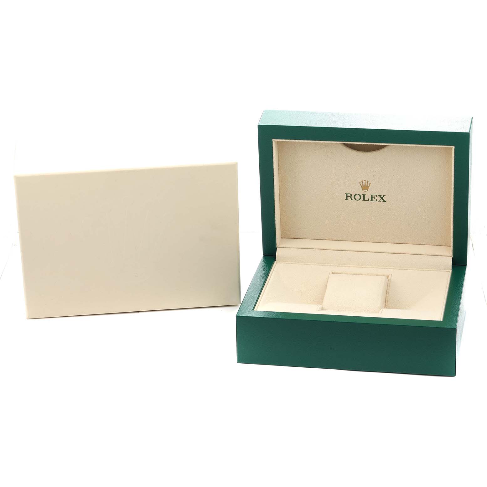 The image shows an open Rolex Datejust 41 126333 Men
s Steel and Gold (two tone) Champagne Dial watch box, displaying its interior and outer case at a frontal angle.