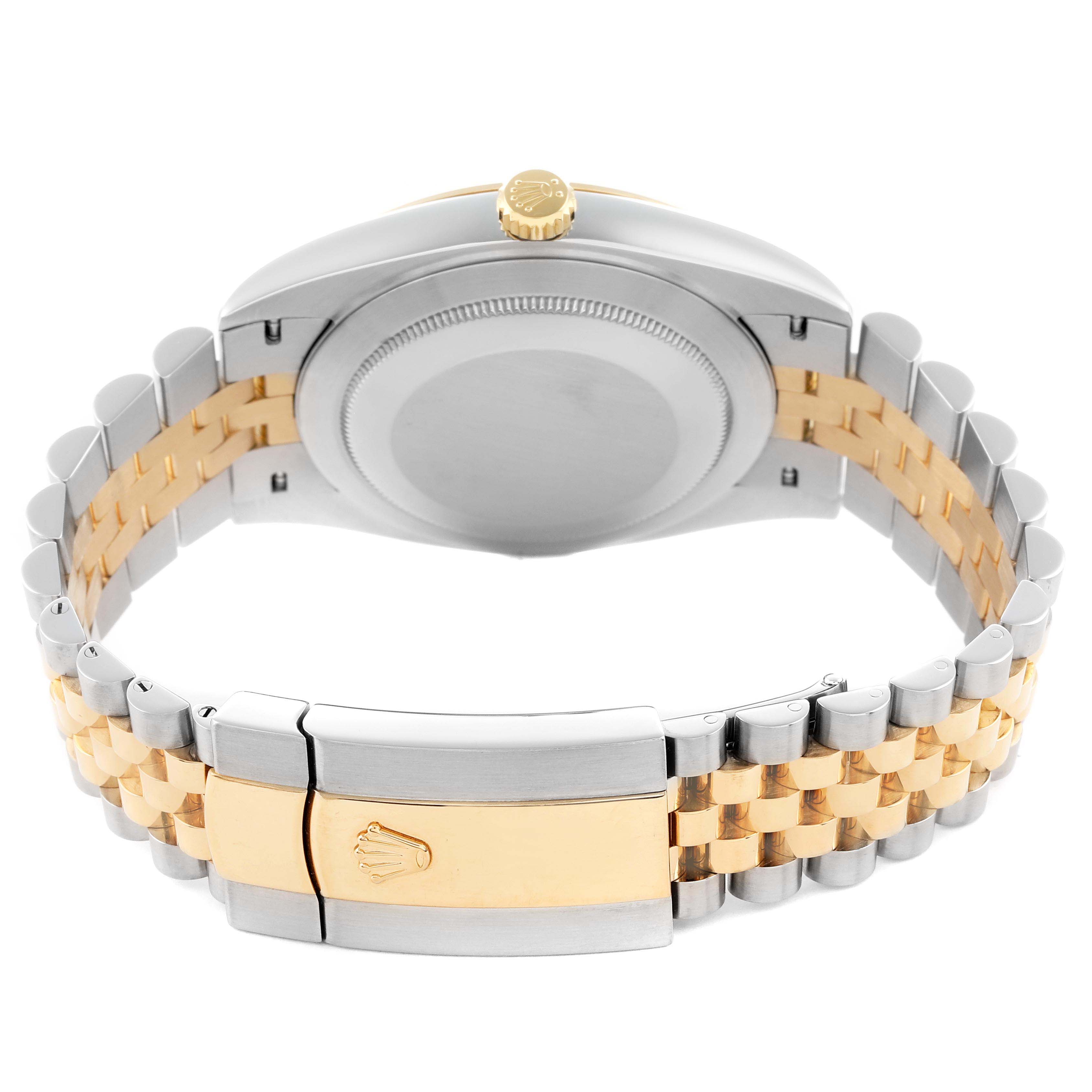 The image shows the back of the Rolex Datejust 41 126333 Men
s Steel and Gold (two tone) Champagne Dial, highlighting the clasp, case back, and bicolor bracelet.