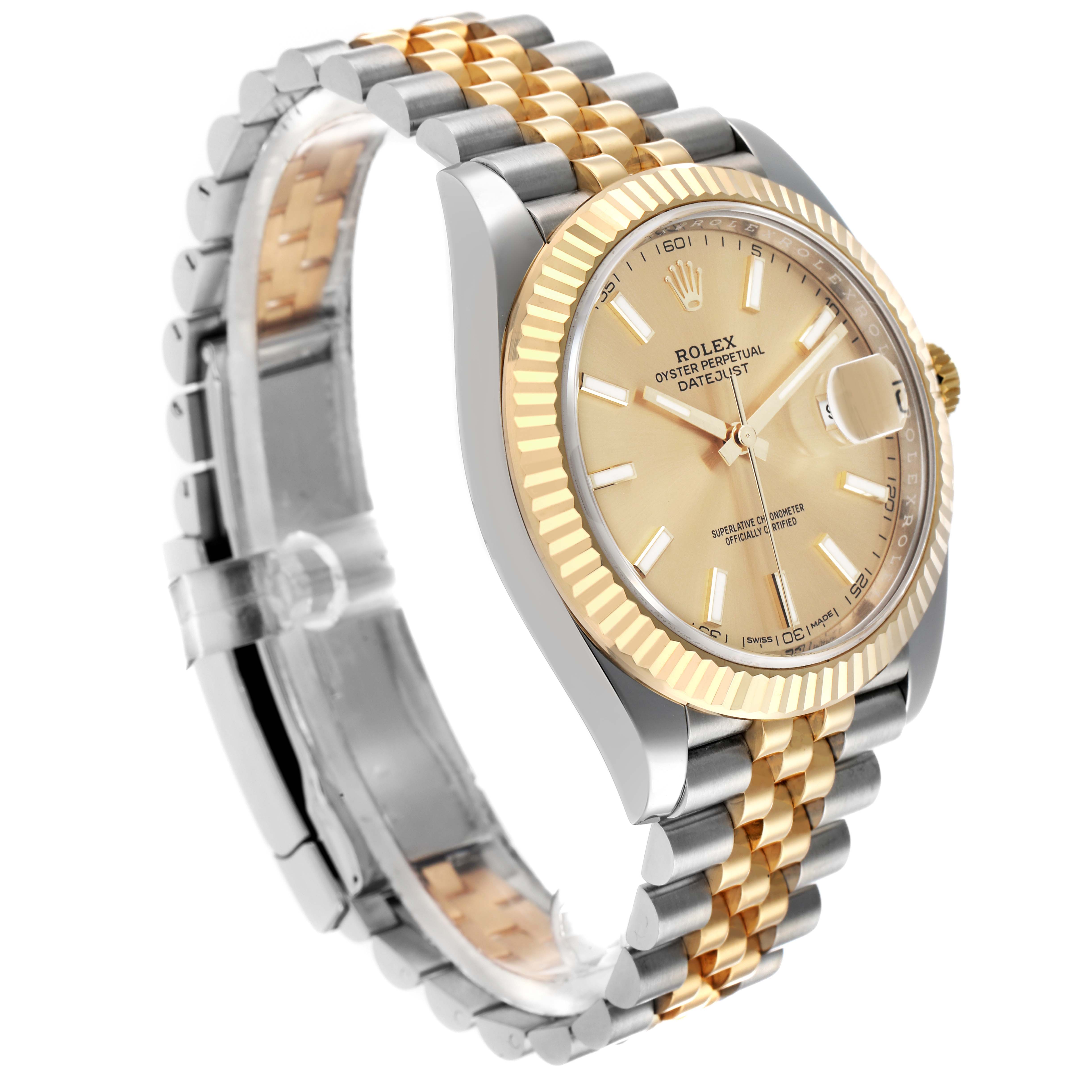 The Rolex Datejust 41 126333 Men
s Steel and Gold (two tone) Champagne Dial is shown at an oblique angle, highlighting the gold and silver bracelet and the fluted bezel.