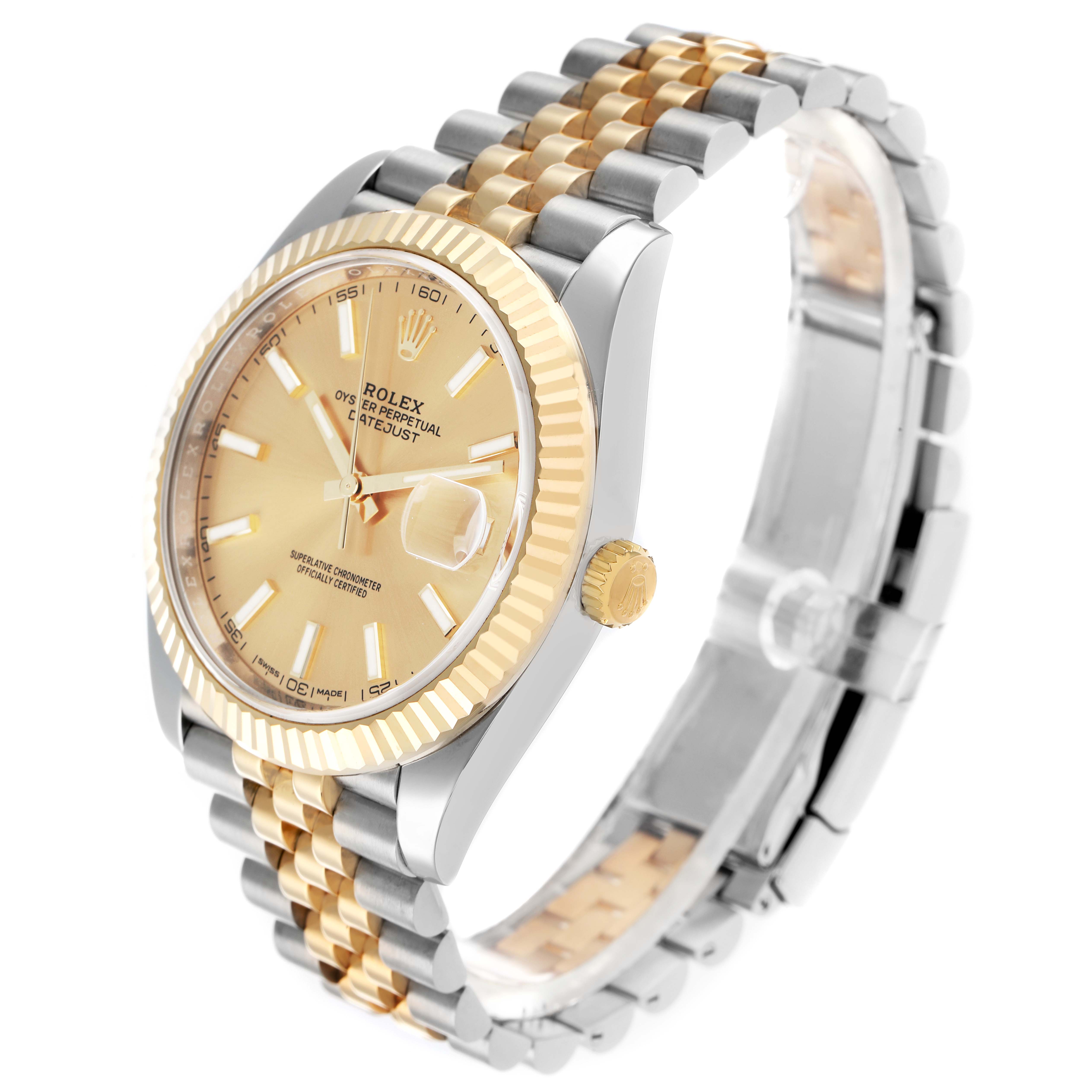 The Rolex Datejust 41 126333 Men
s Steel and Gold (two tone) Champagne Dial is shown at a three-quarter angle, displaying the face, bezel, crown, and Jubilee bracelet.