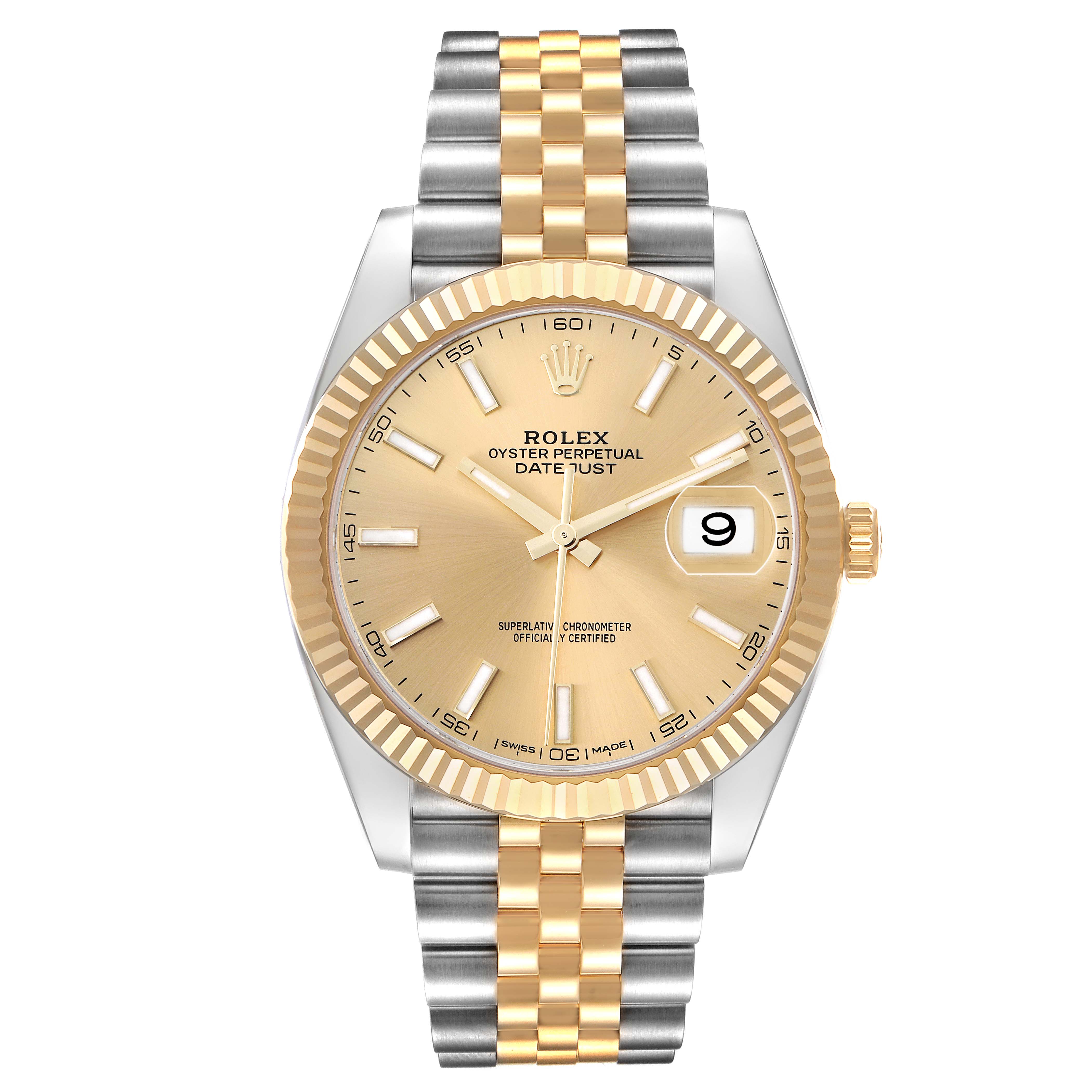 The Rolex Datejust 41 126333 Men
s Steel and Gold (two tone) Champagne Dial is shown from a front angle, displaying the dial, bezel, bracelet, and crown.