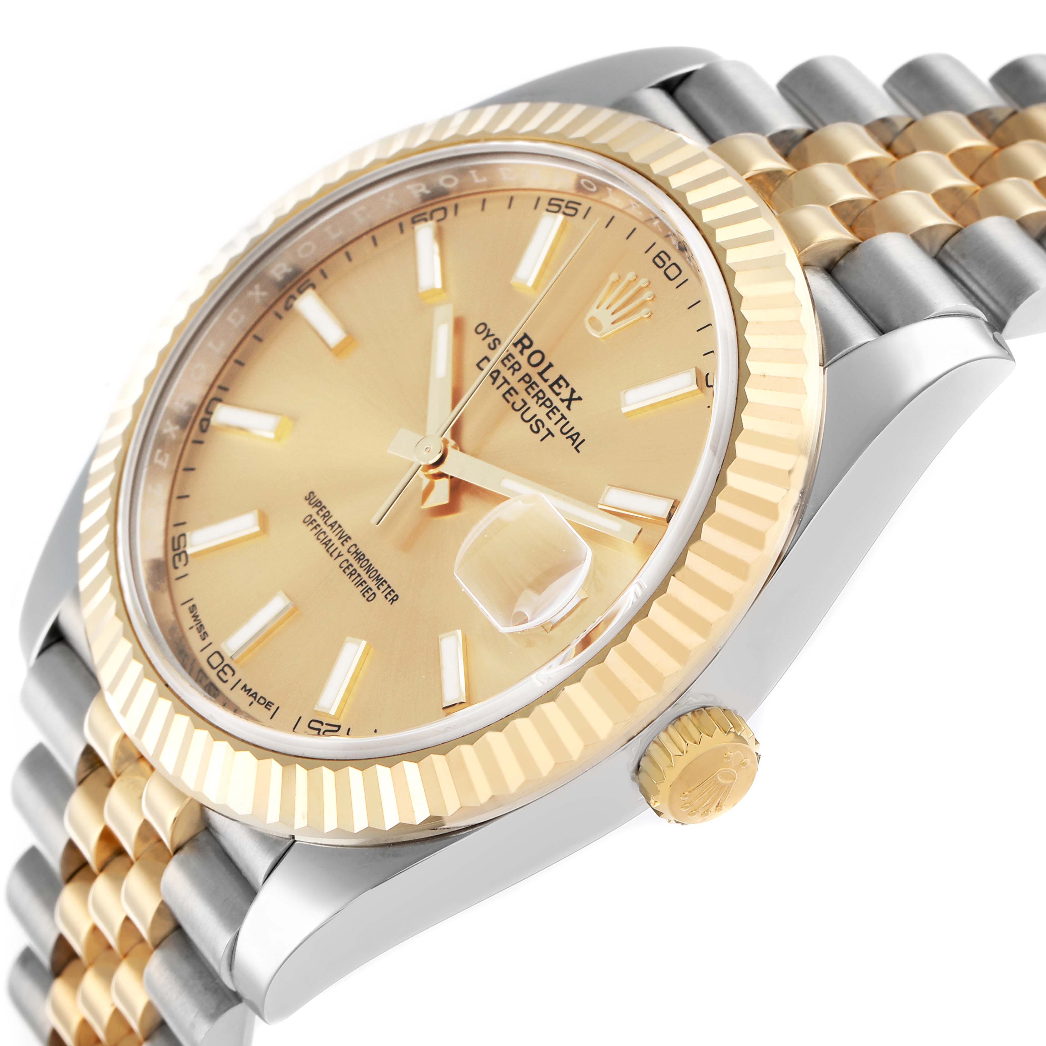The Rolex Datejust 41 126333 Men
s Steel and Gold (two tone) Champagne Dial is shown from a three-quarter angle featuring the dial, bezel, and bracelet.