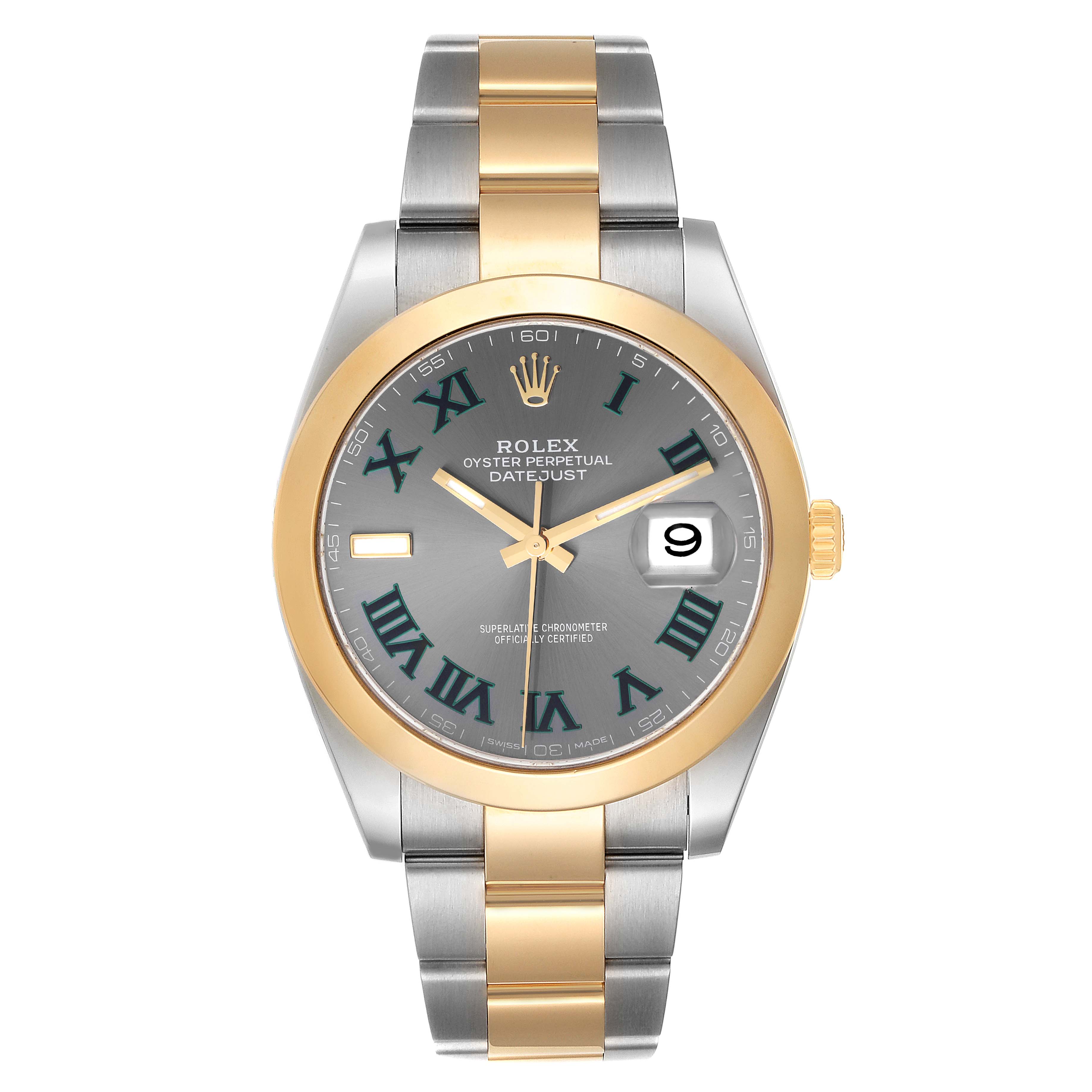 This image shows a front view of a Rolex Datejust 41 126303 Men's Steel and Gold (two tone) Grey Dial 126303 Men's Steel and Gold (two tone) Grey Dial watch with a two-tone bracelet and a grey dial.