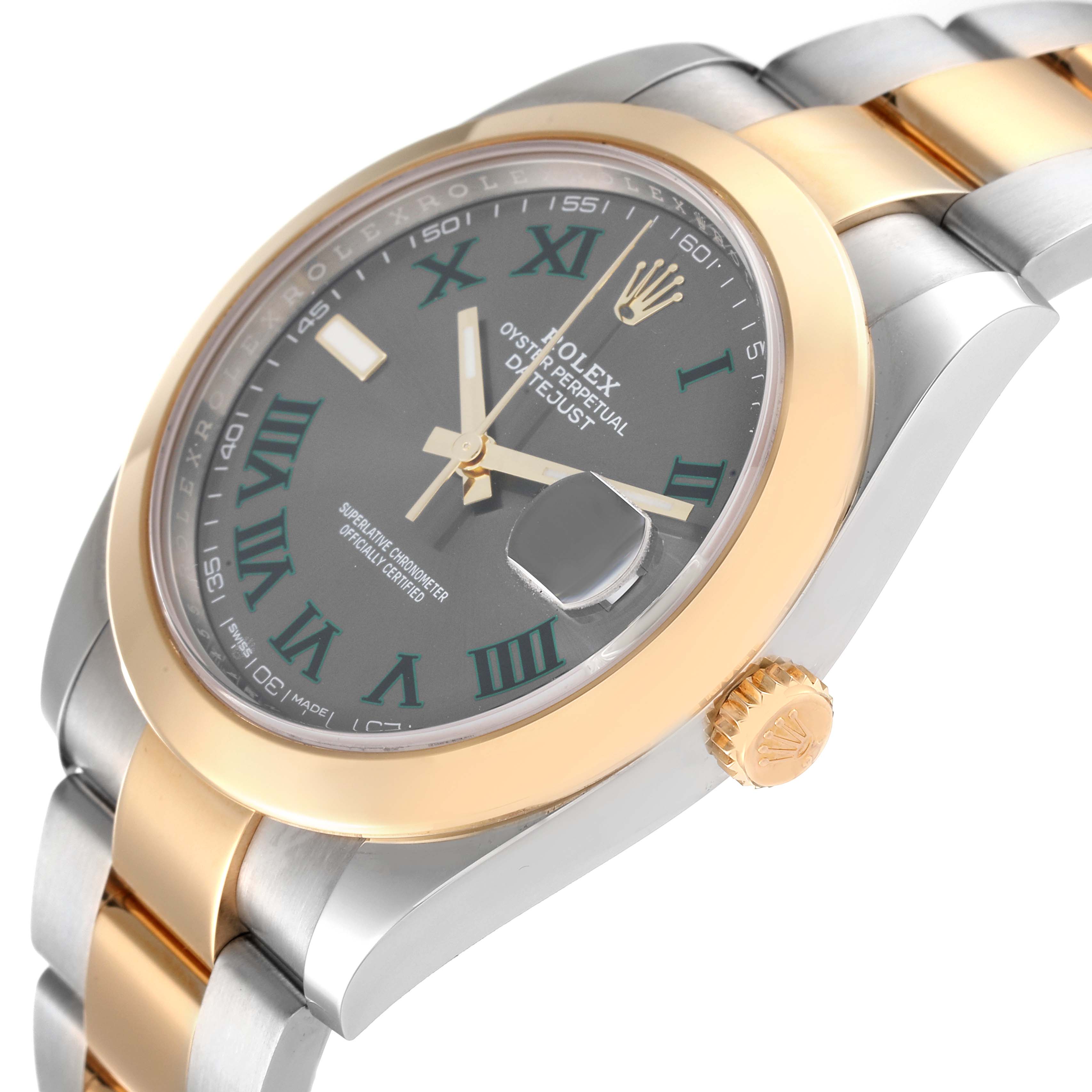 This image shows a side angle of the Rolex Datejust 41 126303 Men's Steel and Gold (two tone) Grey Dial 126303 Men's Steel and Gold (two tone) Grey Dial watch, highlighting the bezel, crown, and part of the bracelet.