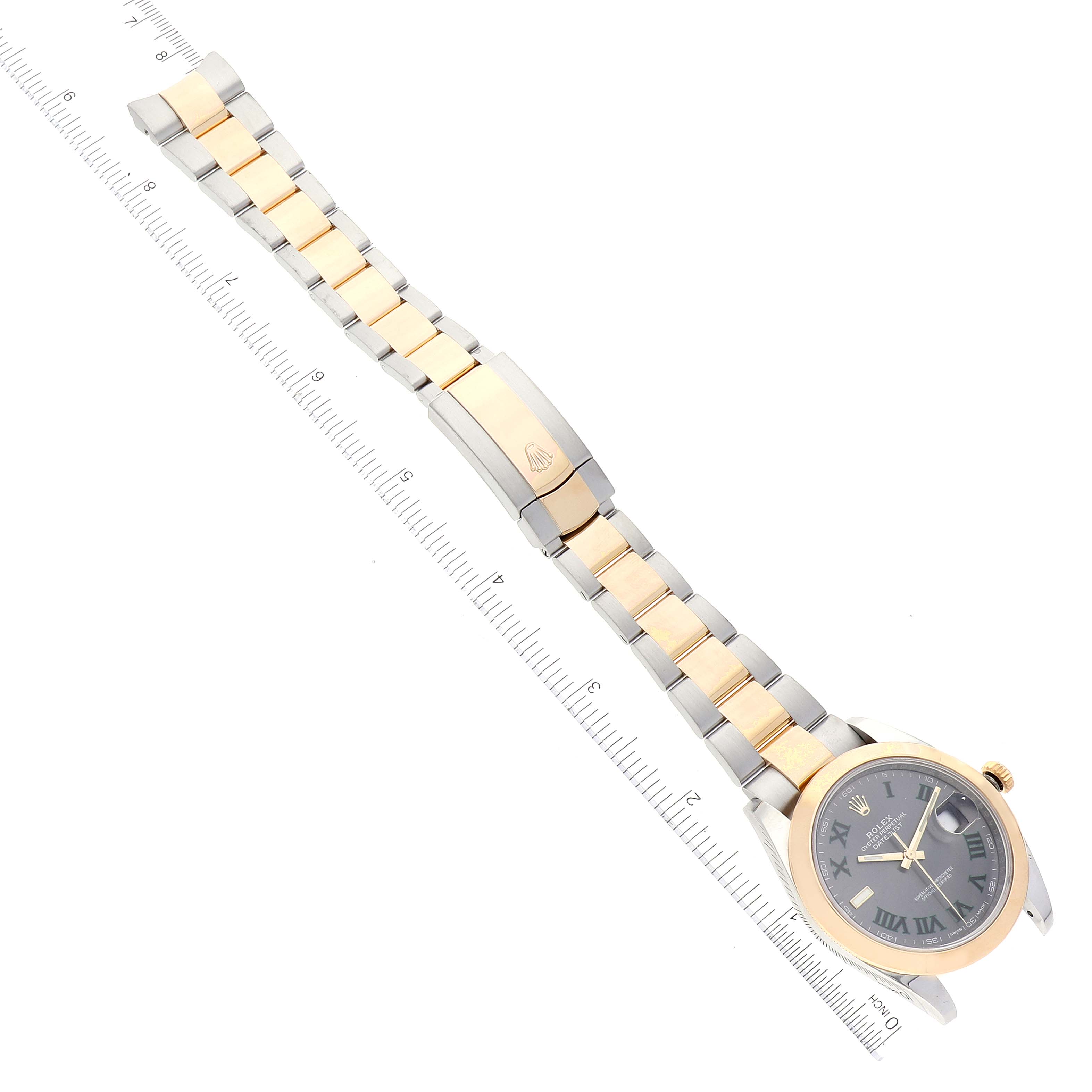 The image shows a full view of the Rolex Datejust 41 126303 Men's Steel and Gold (two tone) Grey Dial 126303 Men's Steel and Gold (two tone) Grey Dial watch placed horizontally, displaying the bracelet, clasp, and dial.