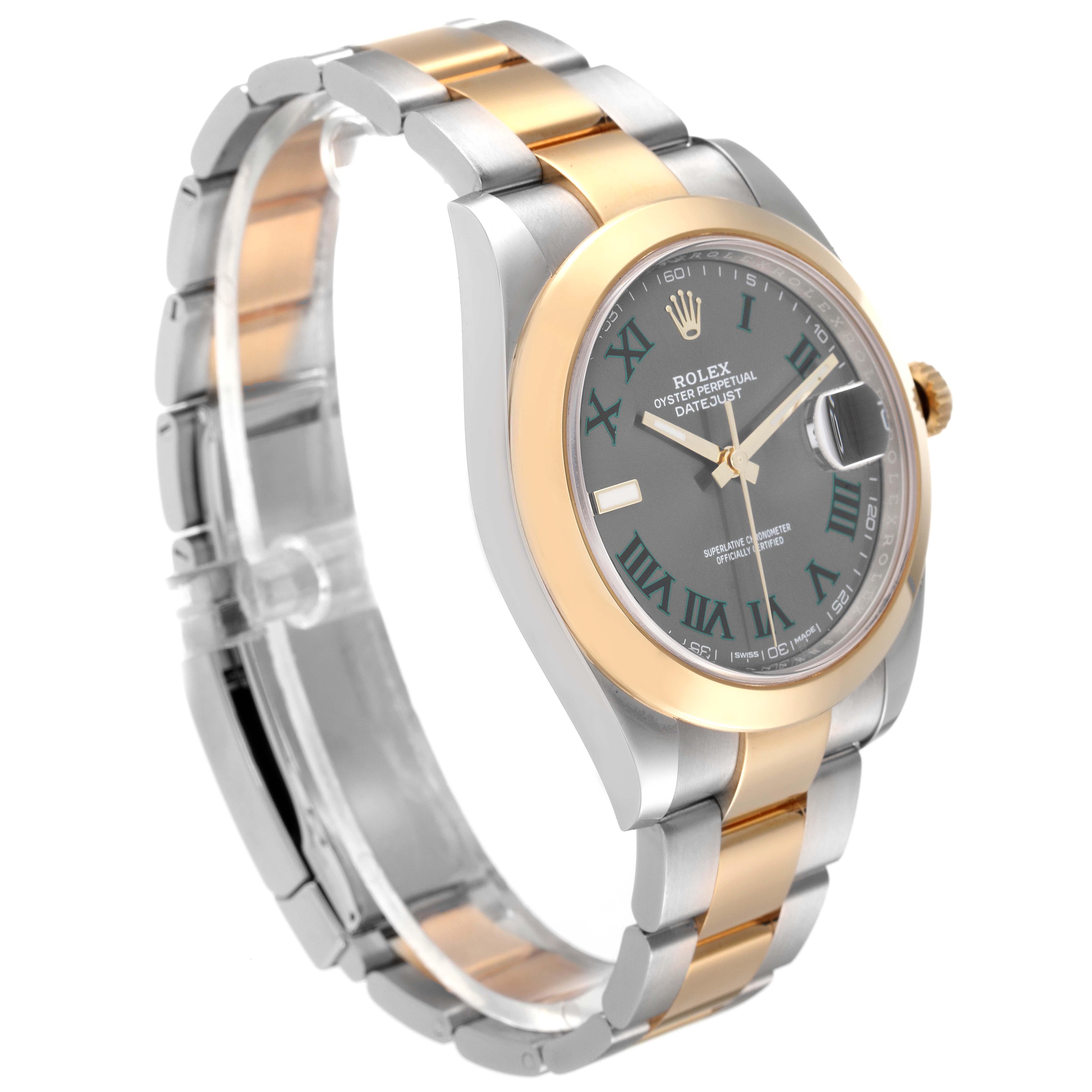 This is a three-quarter angle view of a Rolex Datejust 41 126303 Men's Steel and Gold (two tone) Grey Dial 126303 Men's Steel and Gold (two tone) Grey Dial watch, showcasing the two-tone bracelet and dial.