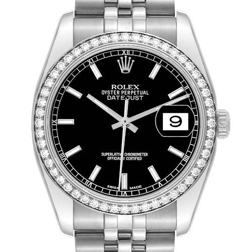 The Rolex Datejust watch is shown from a front view, highlighting its black dial, bezel, hour markers, date window, and bracelet.