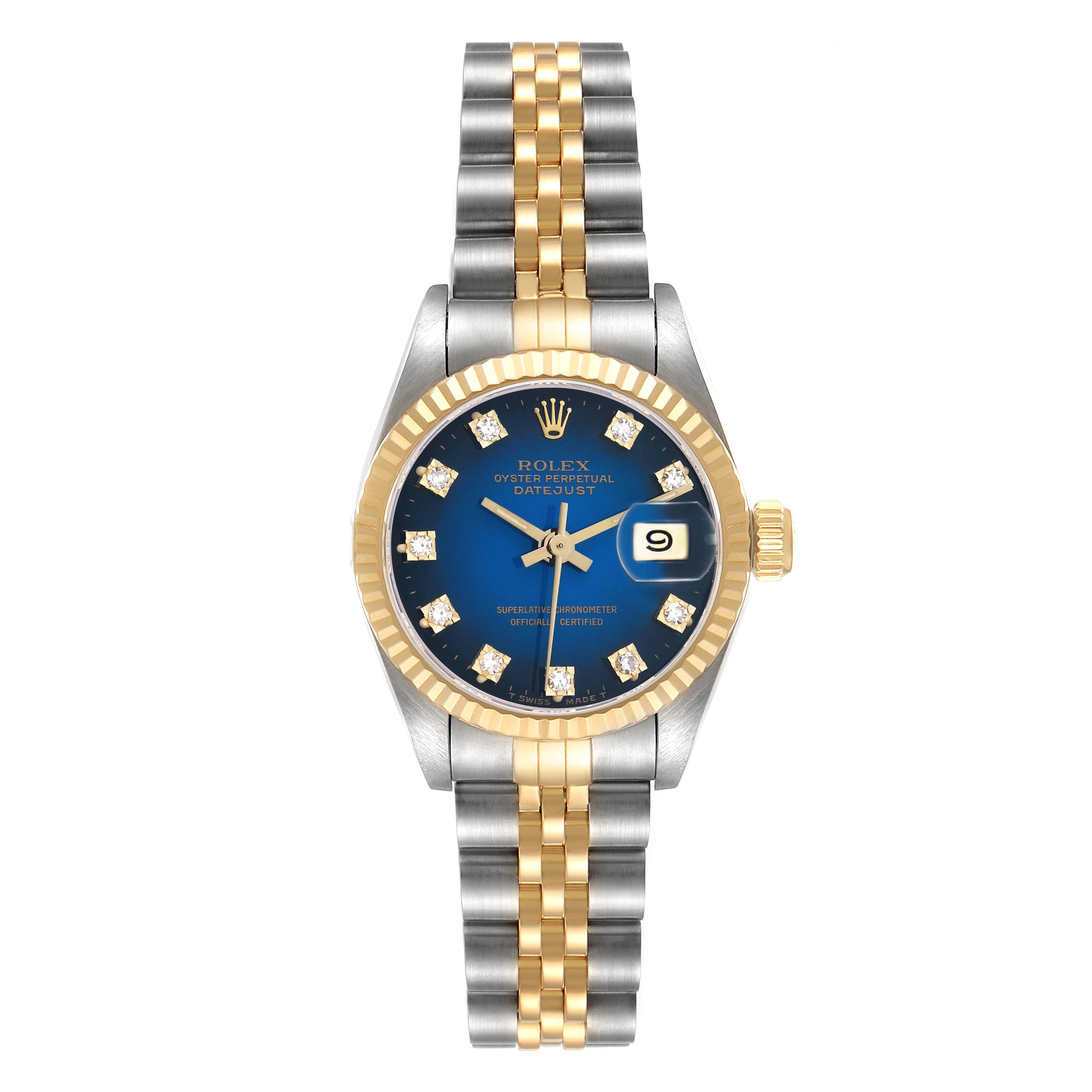 The image shows a Rolex Datejust 69173 Women
s Steel and Gold (two tone) Blue Dial watch from the front, highlighting the blue dial, diamond markers, and two-tone bracelet.