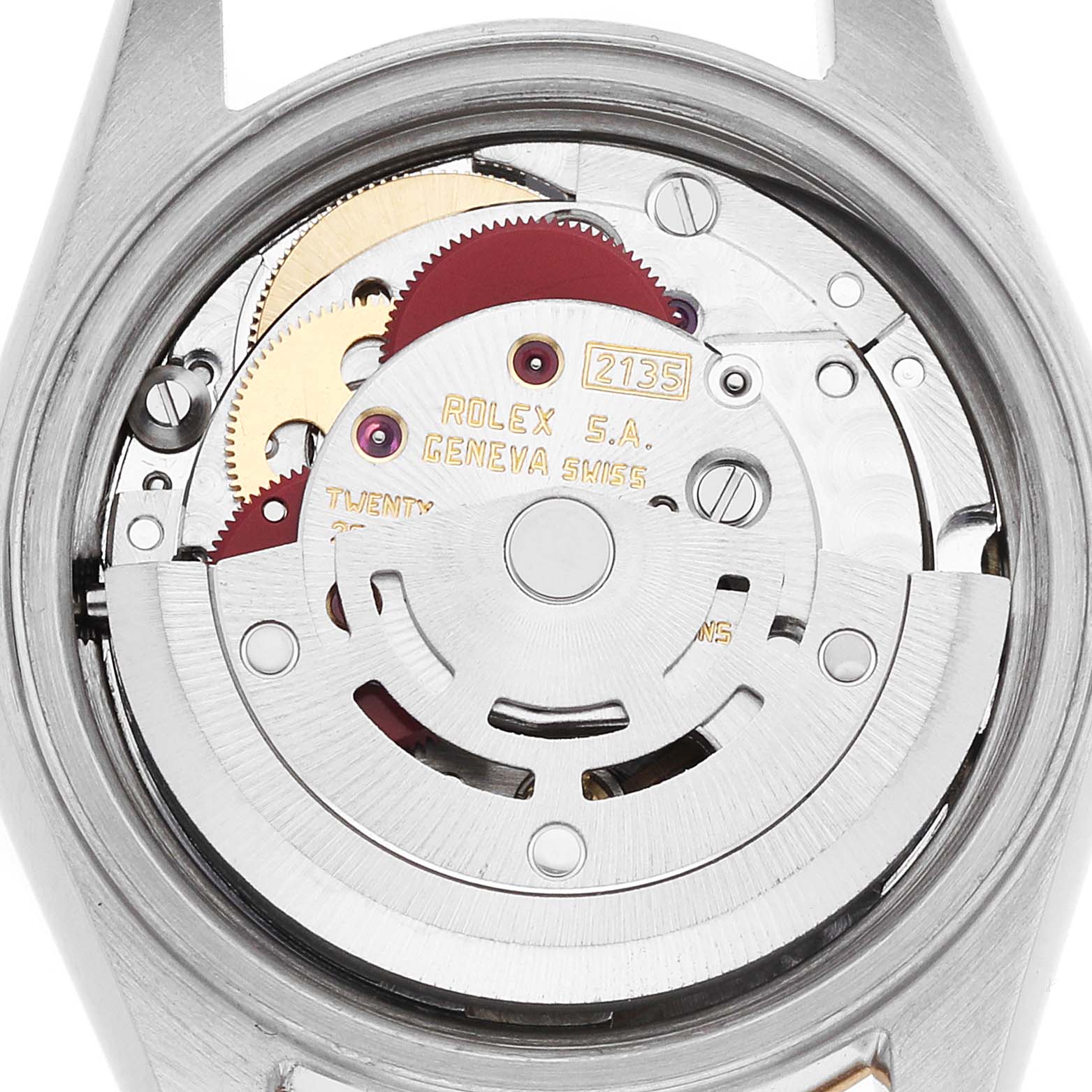 The image shows the movement mechanism of a Rolex Datejust 69173 Women
s Steel and Gold (two tone) Blue Dial watch from the back, highlighting gears and engraved details.