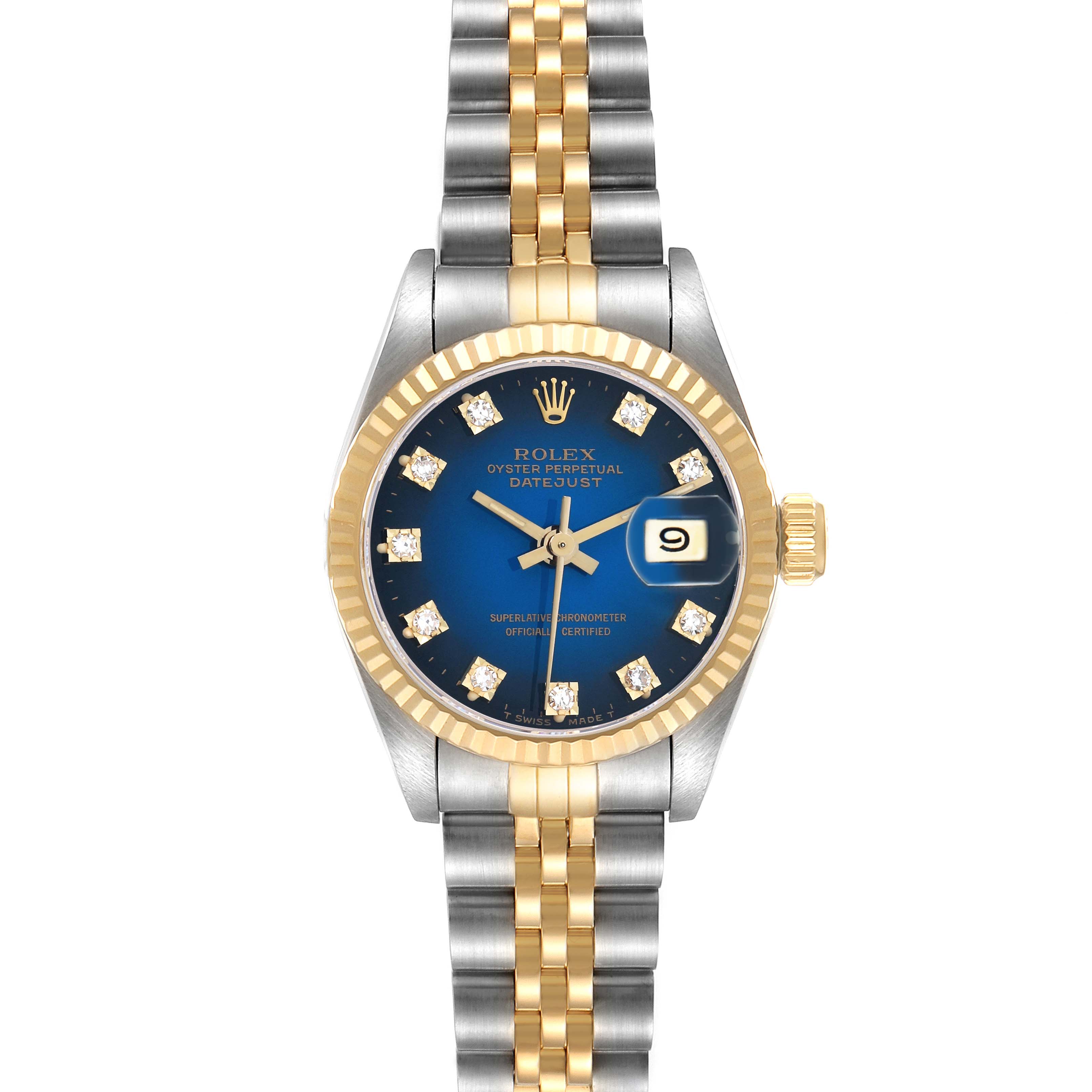 The Rolex Datejust 69173 Women
s Steel and Gold (two tone) Blue Dial watch is shown from a front angle, highlighting the blue dial, gold fluted bezel, date window, and two-tone bracelet.
