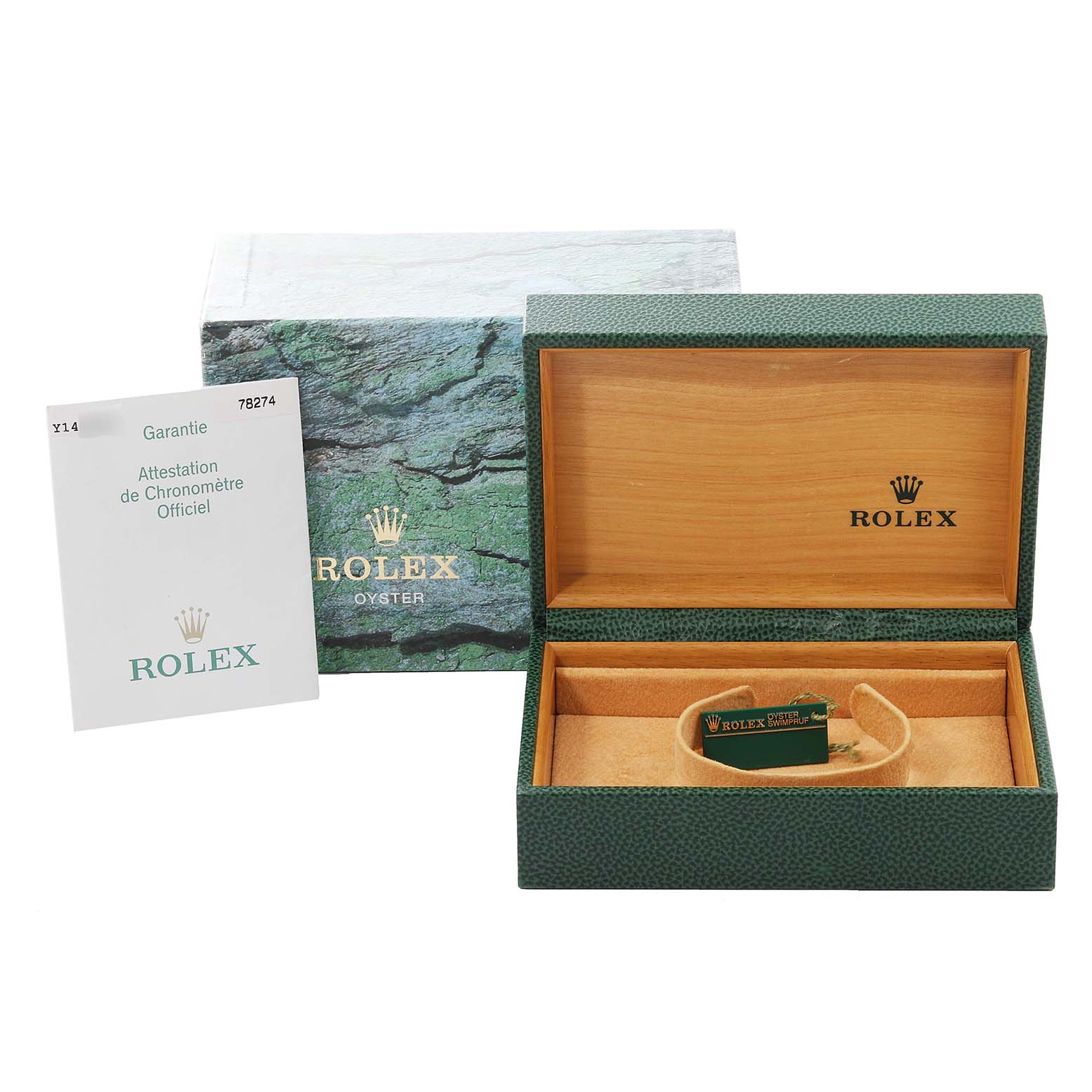 This image shows a Rolex Mid-Size 78274 Women's Stainless Steel Mother of Pearl Dial 78274 Women's Stainless Steel Mother of Pearl Dial watch box, an outer box, and a warranty booklet.