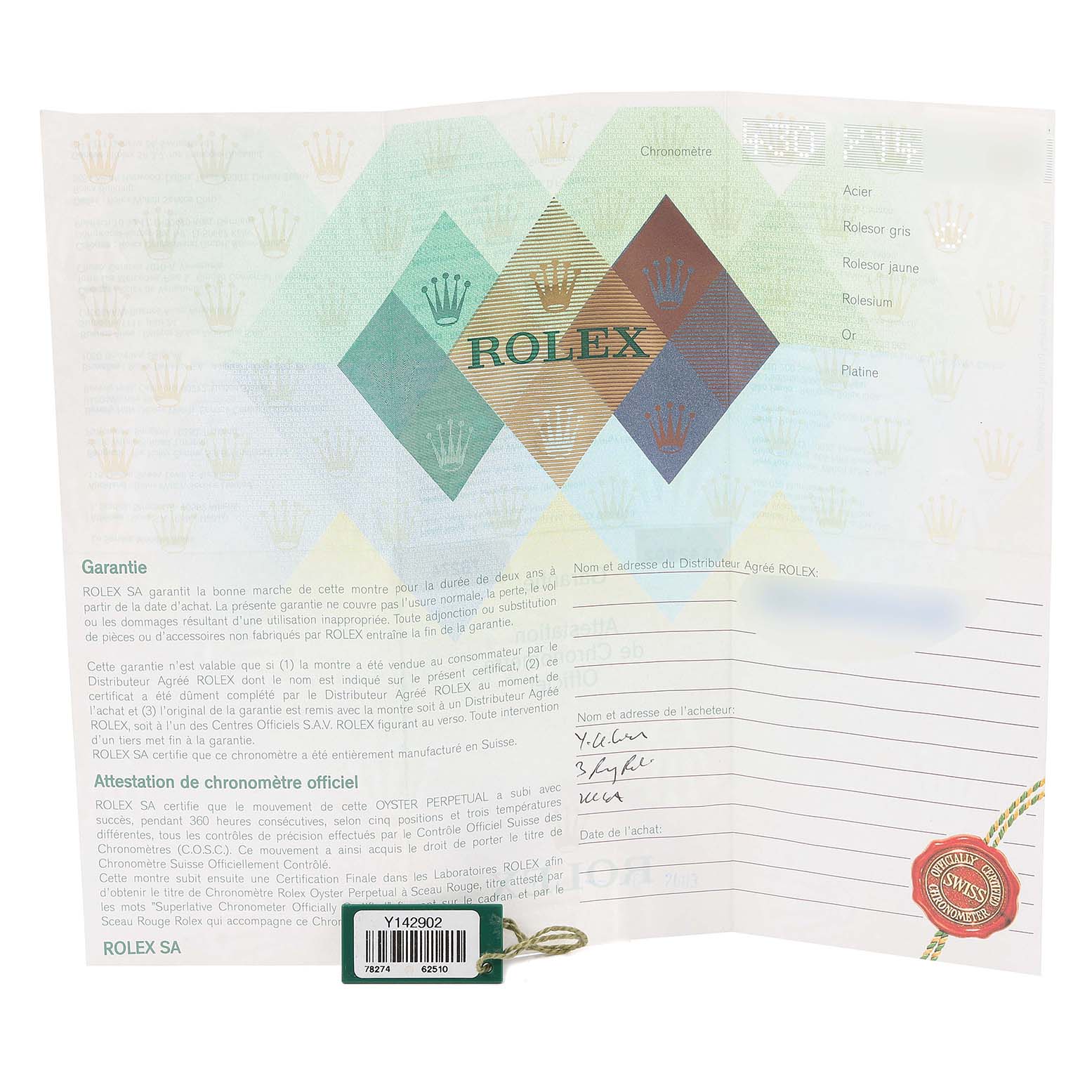 This image shows the warranty card and certificate for a Mid-Size Rolex watch, displaying detailed information and branding.