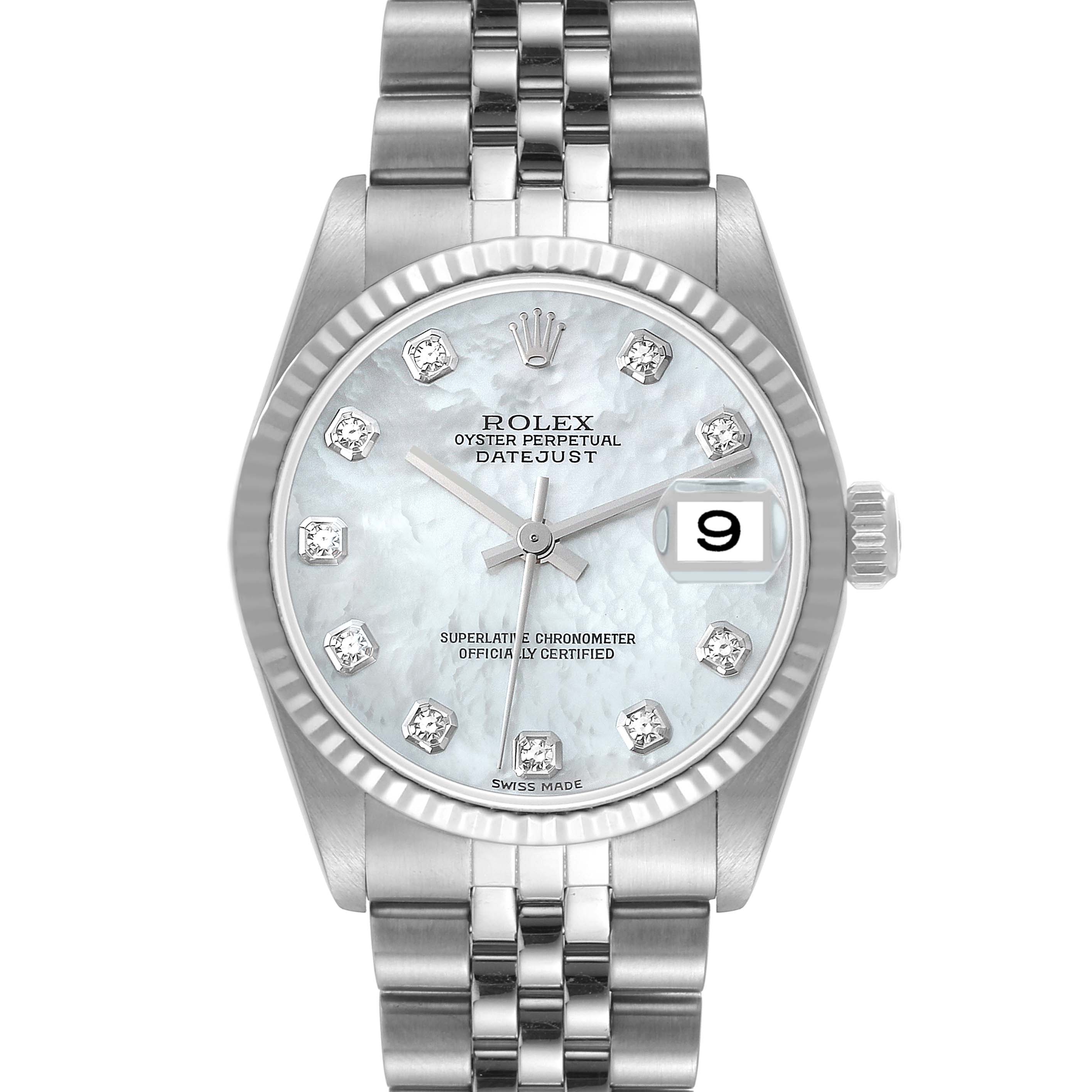 This image shows a front view of a Rolex Oyster Perpetual Datejust Mid-Size watch with a silver bracelet and a diamond-set dial.