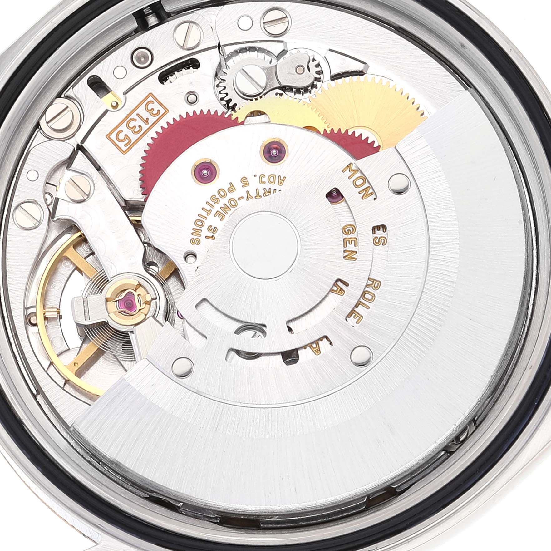 This image shows the movement mechanism of the Rolex Datejust 16233 Men's Steel and Gold (two tone) Champagne Dial 16233 Men's Steel and Gold (two tone) Champagne Dial model, highlighting gears, balance wheel, and other internal components.