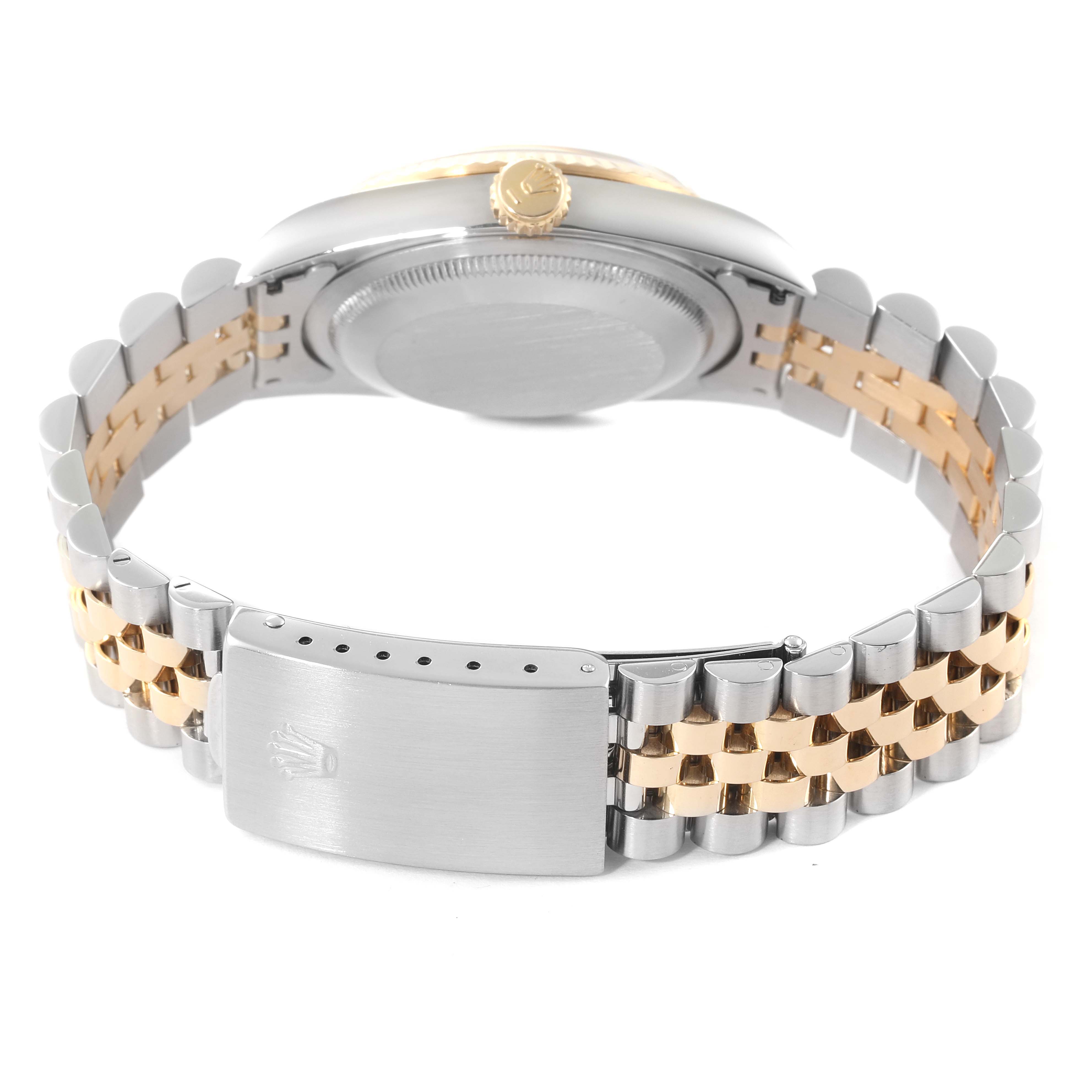 The Rolex Datejust 16233 Men's Steel and Gold (two tone) Champagne Dial 16233 Men's Steel and Gold (two tone) Champagne Dial watch is shown from a rear angle, displaying its case back, crown, and two-tone bracelet with a clasp.