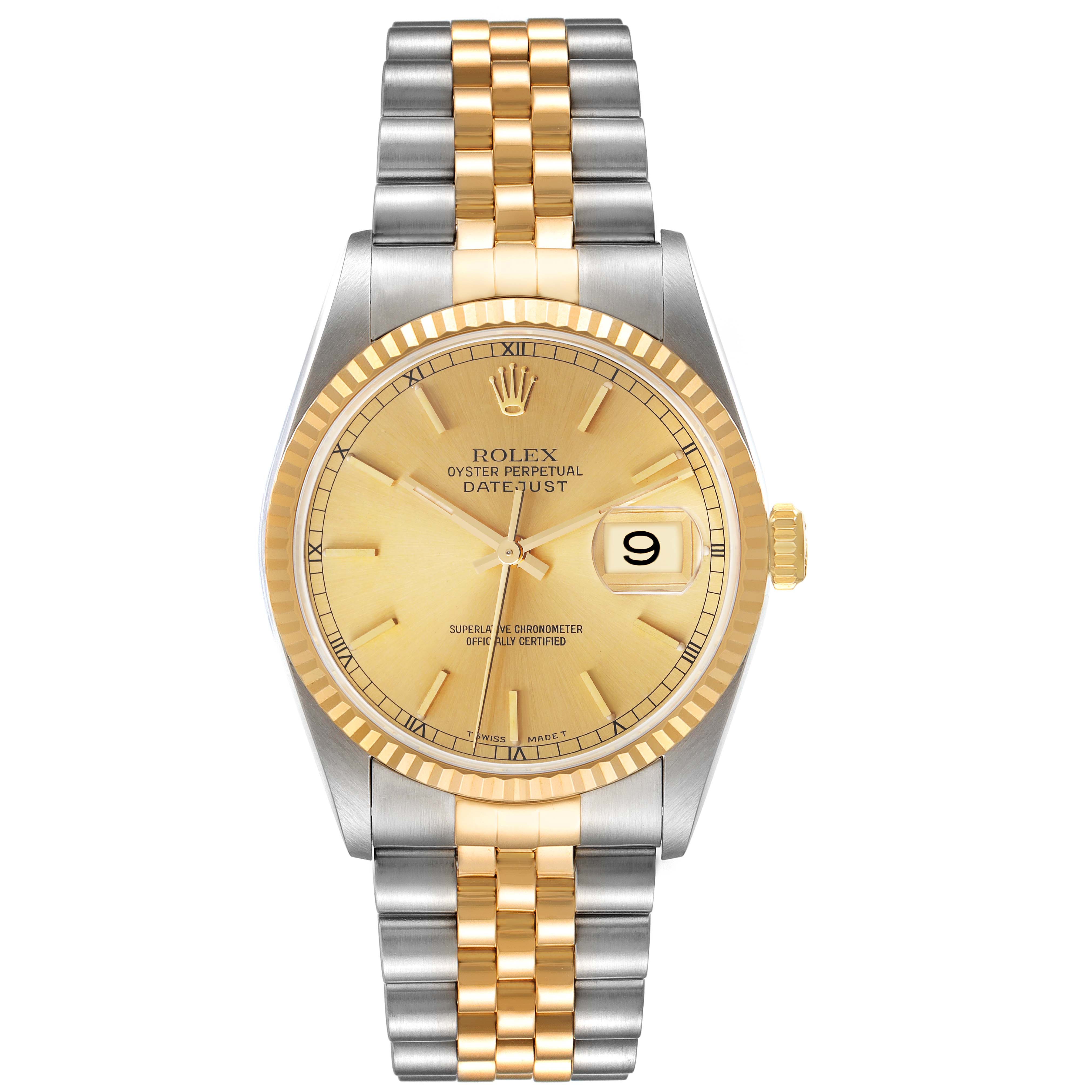 The Rolex Datejust 16233 Men's Steel and Gold (two tone) Champagne Dial 16233 Men's Steel and Gold (two tone) Champagne Dial watch is shown from the front, featuring a gold dial, gold bezel, and a two-tone metal bracelet.