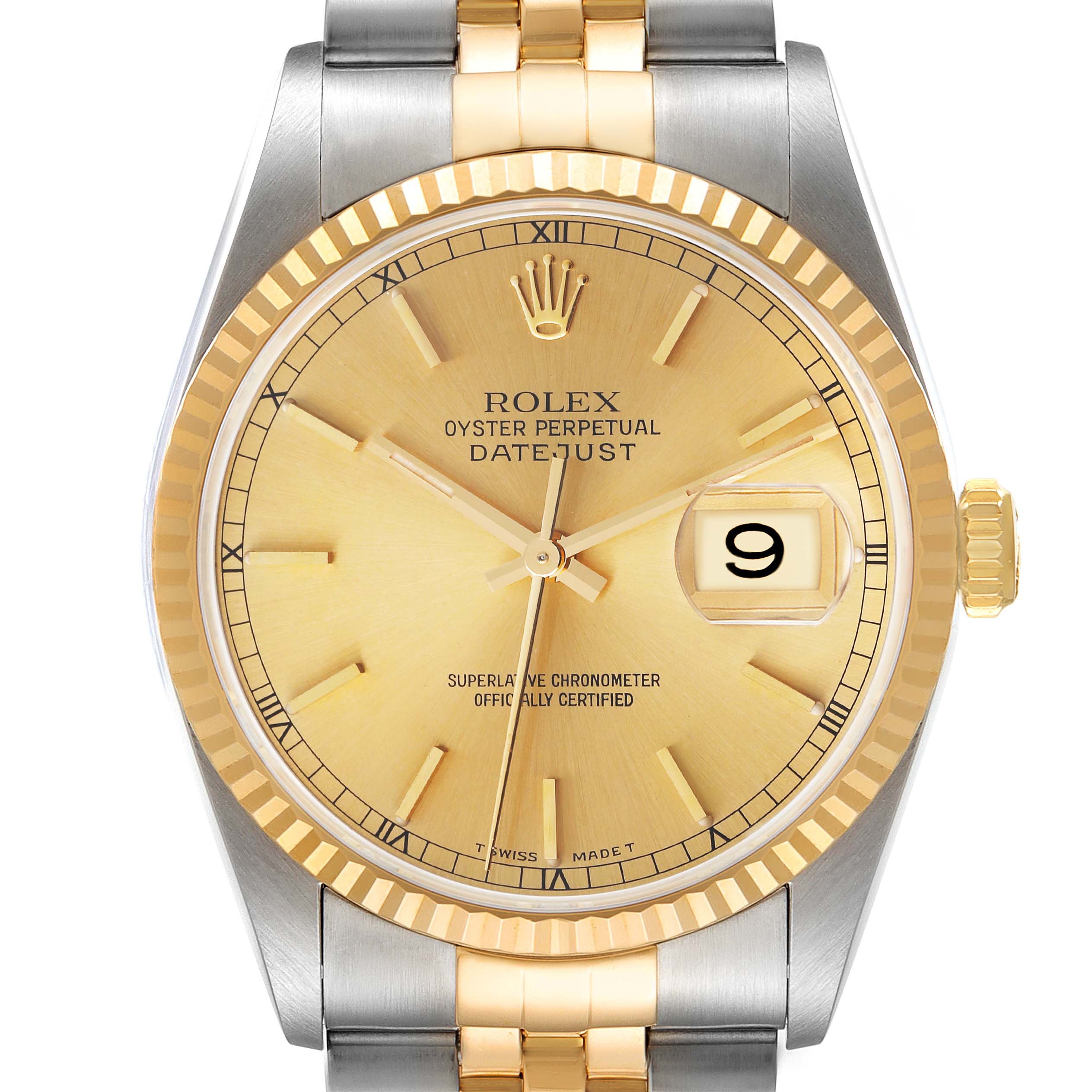 The image shows the front view of the Rolex Datejust 16233 Men's Steel and Gold (two tone) Champagne Dial 16233 Men's Steel and Gold (two tone) Champagne Dial watch, highlighting its dial, bezel, and part of the bracelet.
