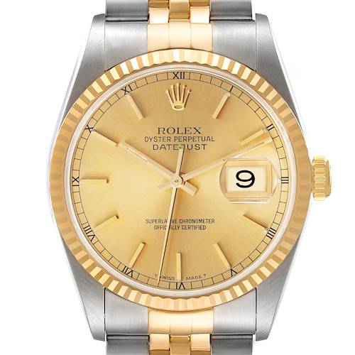 Photo of Rolex Datejust Steel 18K Yellow Gold Champagne Dial Mens Watch 16233 Papers