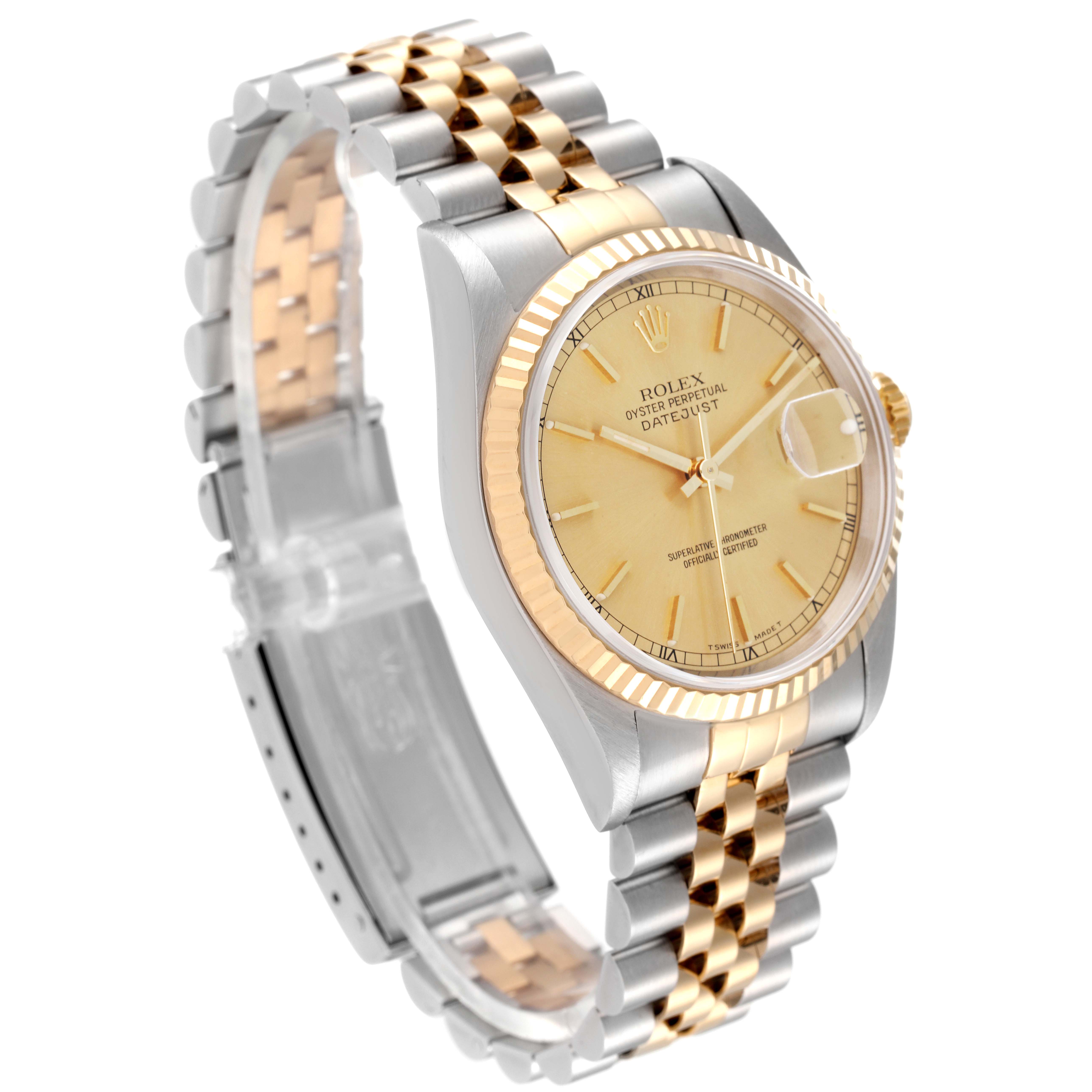 The image shows a Rolex Datejust 16233 Men's Steel and Gold (two tone) Champagne Dial 16233 Men's Steel and Gold (two tone) Champagne Dial watch from an angled front perspective, highlighting its gold bezel, dial, and two-tone bracelet.