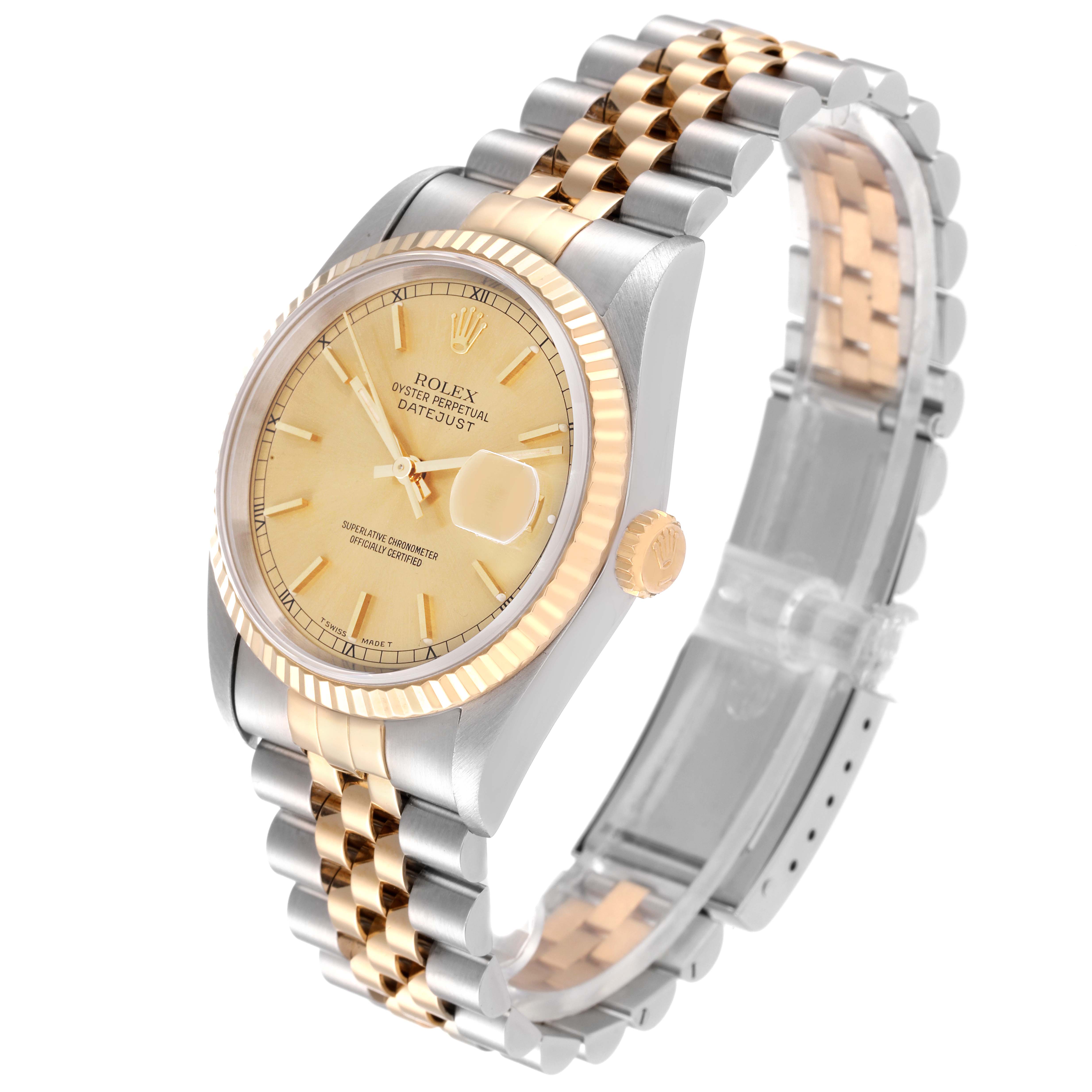 This image shows a Rolex Datejust 16233 Men's Steel and Gold (two tone) Champagne Dial 16233 Men's Steel and Gold (two tone) Champagne Dial watch from a three-quarter angle, displaying its dial, bezel, bracelet, and crown.