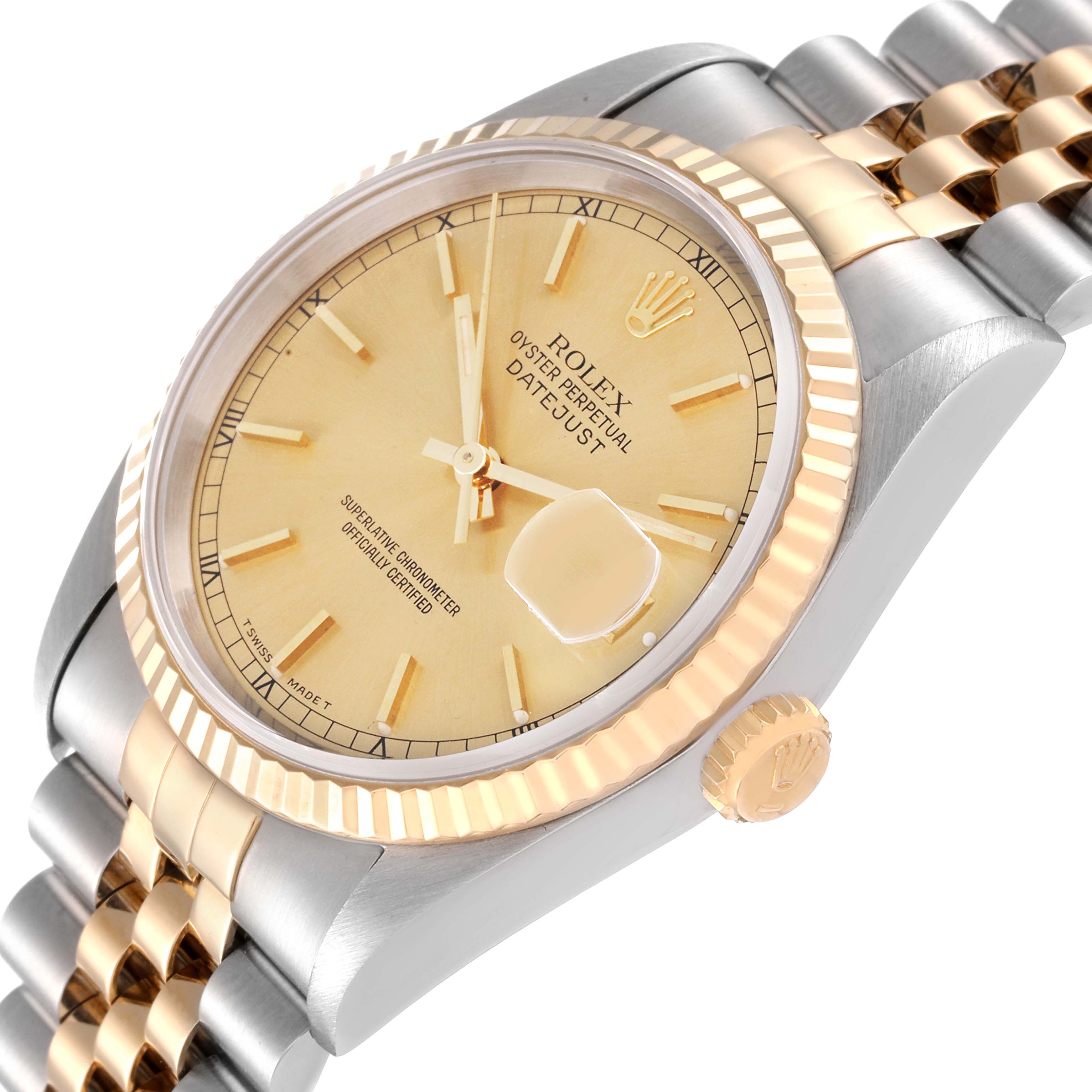 The image shows a Rolex Datejust 16233 Men's Steel and Gold (two tone) Champagne Dial 16233 Men's Steel and Gold (two tone) Champagne Dial watch at a slight angle, revealing the dial, bezel, crown, and part of the bracelet.