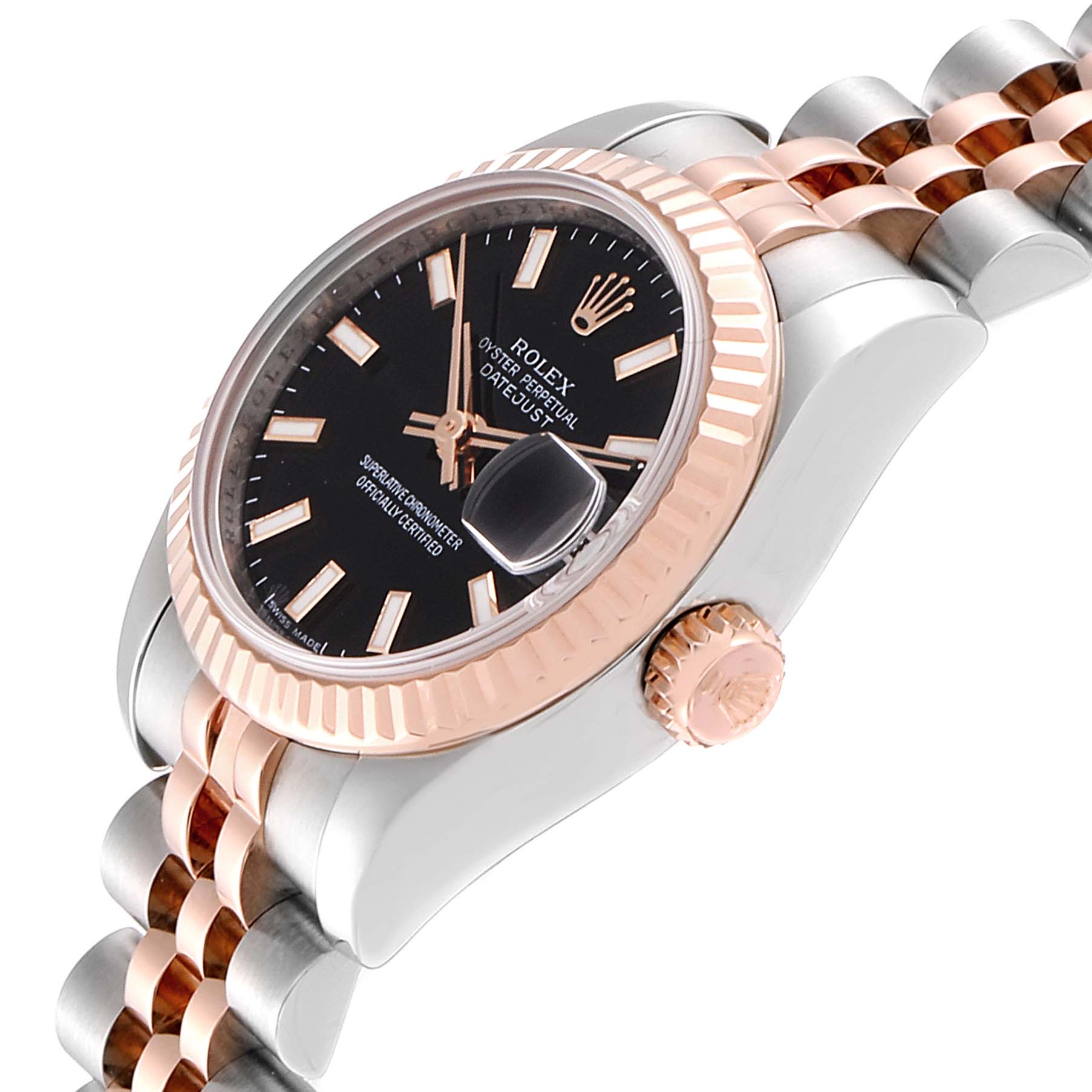The image shows a side-angled view of the Rolex Datejust 179171 Women's Steel and Gold (two tone) Black Dial 179171 Women's Steel and Gold (two tone) Black Dial, highlighting its black dial, fluted bezel, crown, and two-tone bracelet.