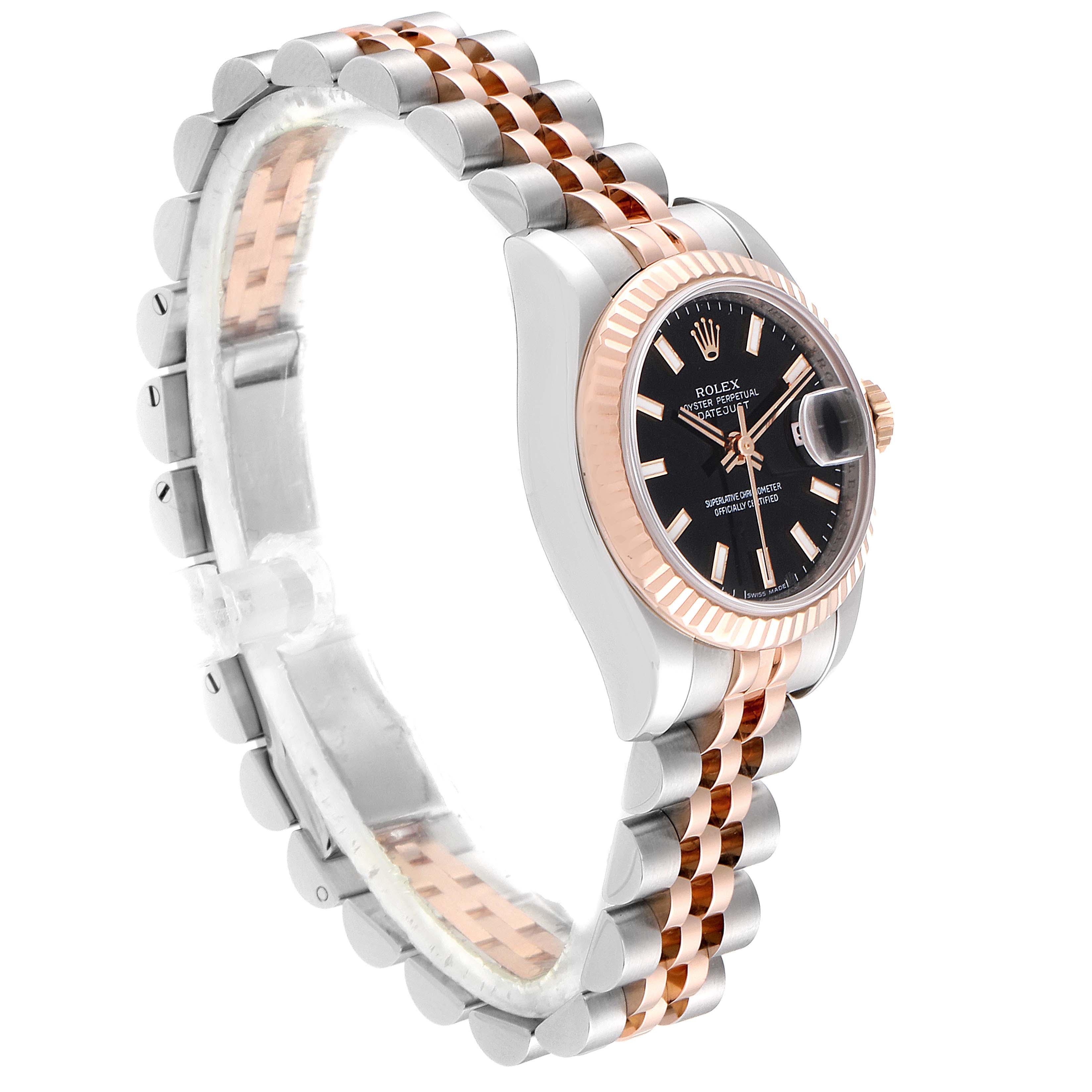 The image shows a Rolex Datejust 179171 Women's Steel and Gold (two tone) Black Dial 179171 Women's Steel and Gold (two tone) Black Dial watch from an angled side view, highlighting its bracelet, case, and dial.