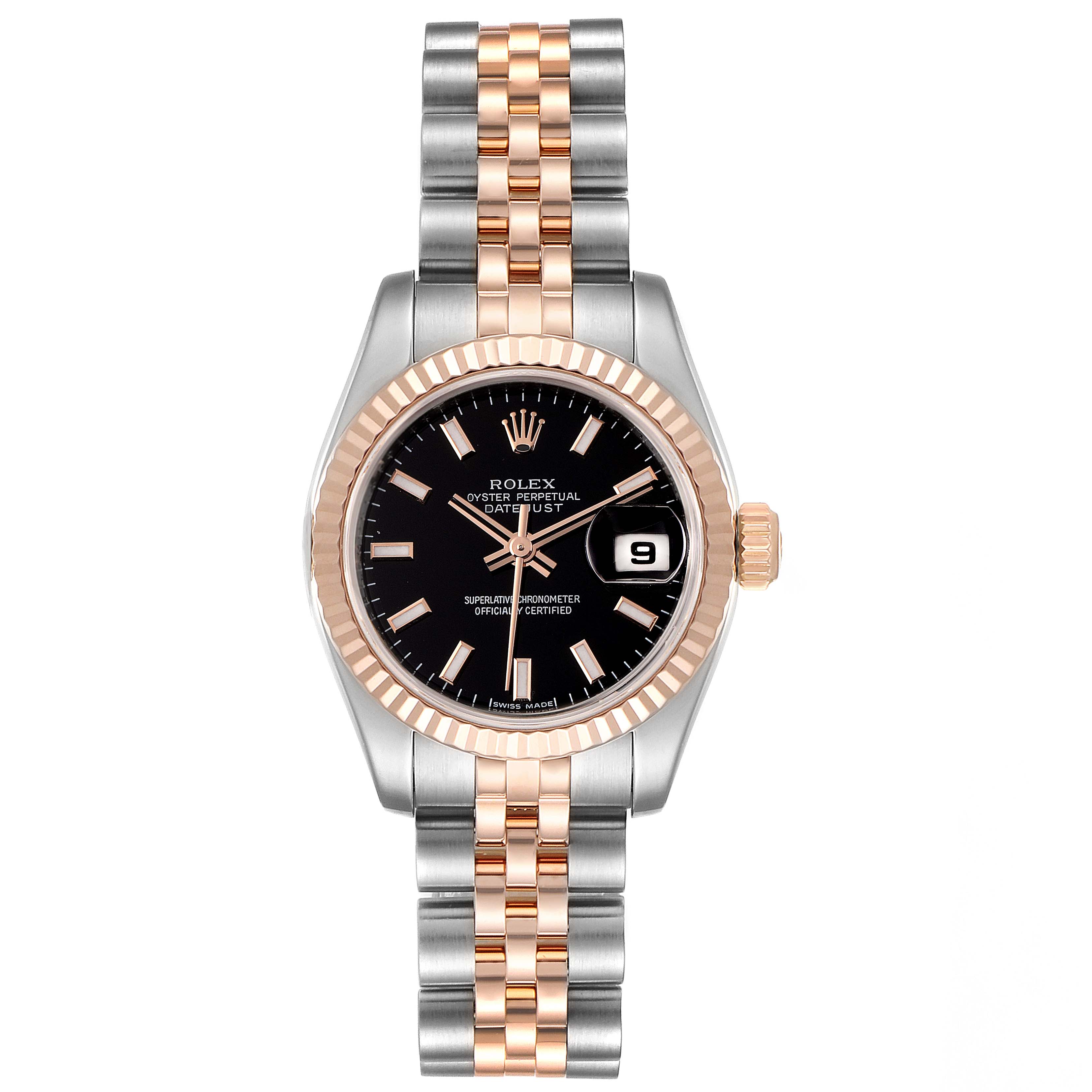 This image shows a Rolex Datejust 179171 Women's Steel and Gold (two tone) Black Dial 179171 Women's Steel and Gold (two tone) Black Dial watch taken from a top-down angle, showcasing the dial, bezel, and bracelet.