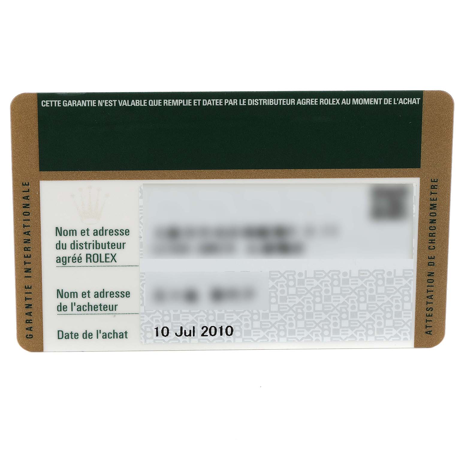 The image shows a warranty card for a Rolex Datejust 179171 Women's Steel and Gold (two tone) Black Dial 179171 Women's Steel and Gold (two tone) Black Dial watch, detailing the dealer and purchase information.