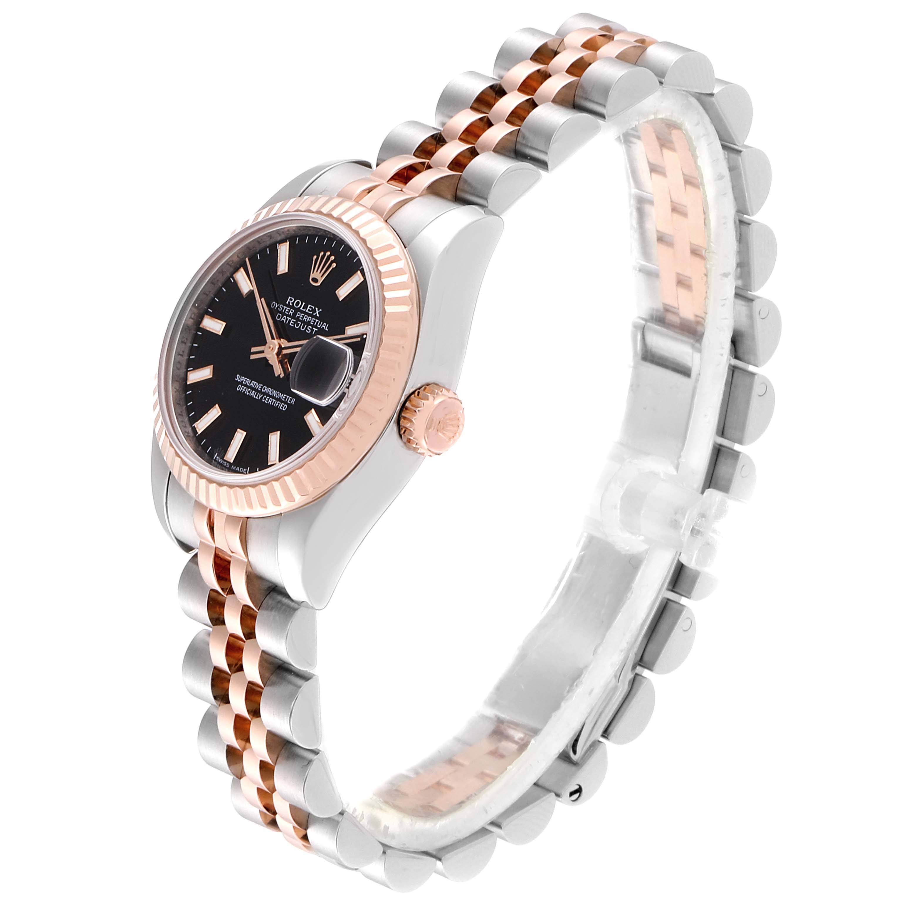 The image shows a side and front angle of a Rolex Datejust 179171 Women's Steel and Gold (two tone) Black Dial 179171 Women's Steel and Gold (two tone) Black Dial watch, displaying its black dial, rose gold fluted bezel, and two-tone bracelet.