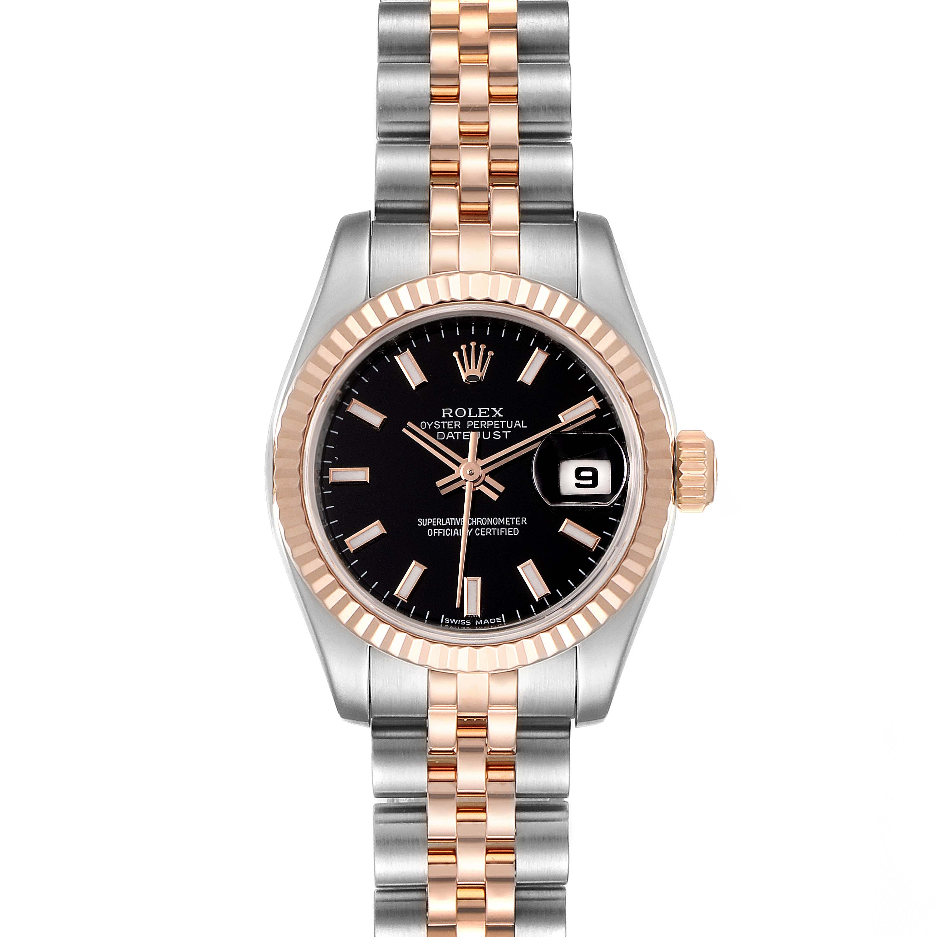 The image shows a Rolex Datejust 179171 Women's Steel and Gold (two tone) Black Dial 179171 Women's Steel and Gold (two tone) Black Dial watch from a front angle, highlighting the dial, bezel, and bracelet.