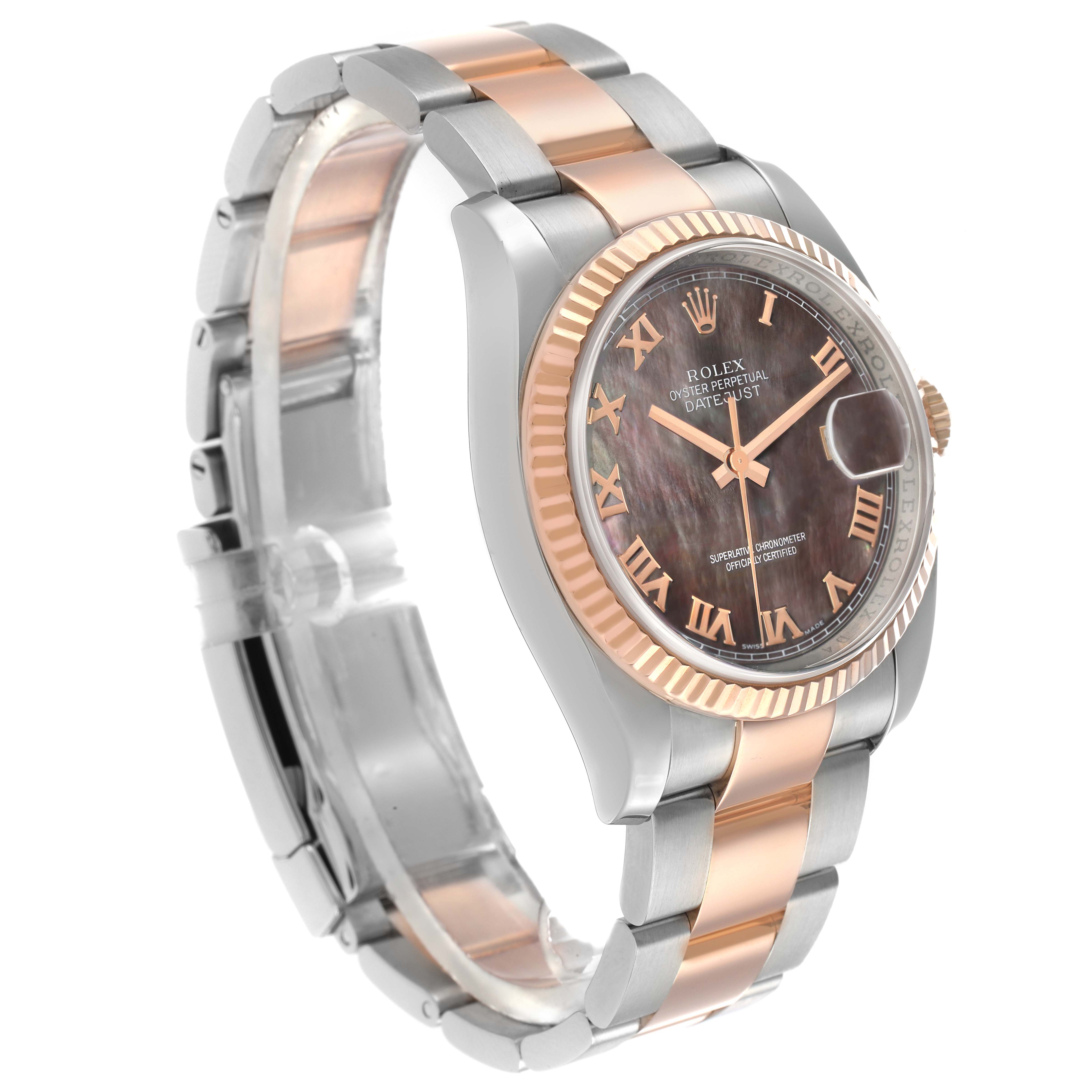 The Rolex Datejust 116231 Men
s Steel and Gold (two tone) Mother of Pearl Dial watch is shown at a three-quarter angle, displaying the face, bracelet, and fluted bezel.