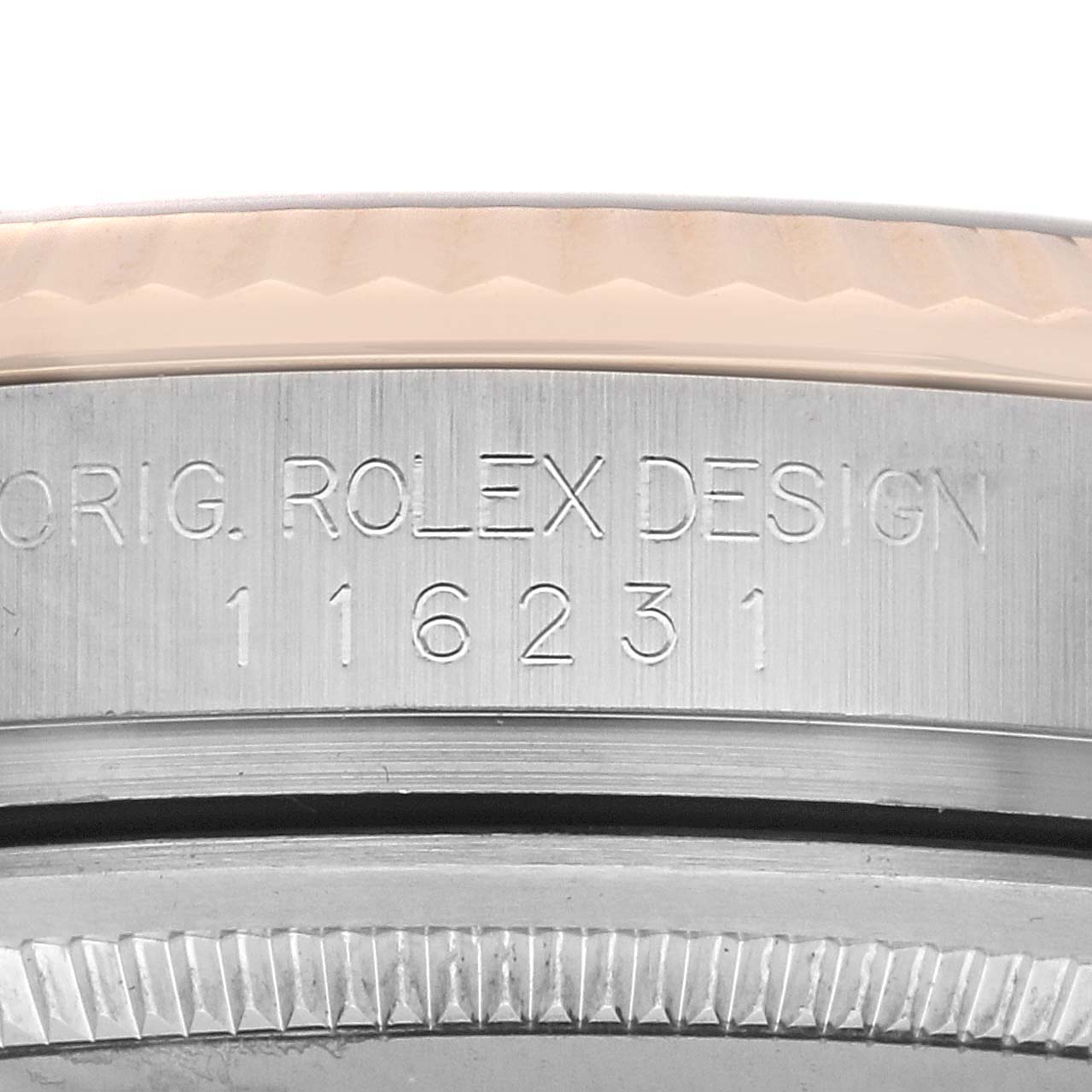 The image shows a close-up of the side of a Rolex Datejust 116231 Men
s Steel and Gold (two tone) Mother of Pearl Dial watch, highlighting the model number engraving.