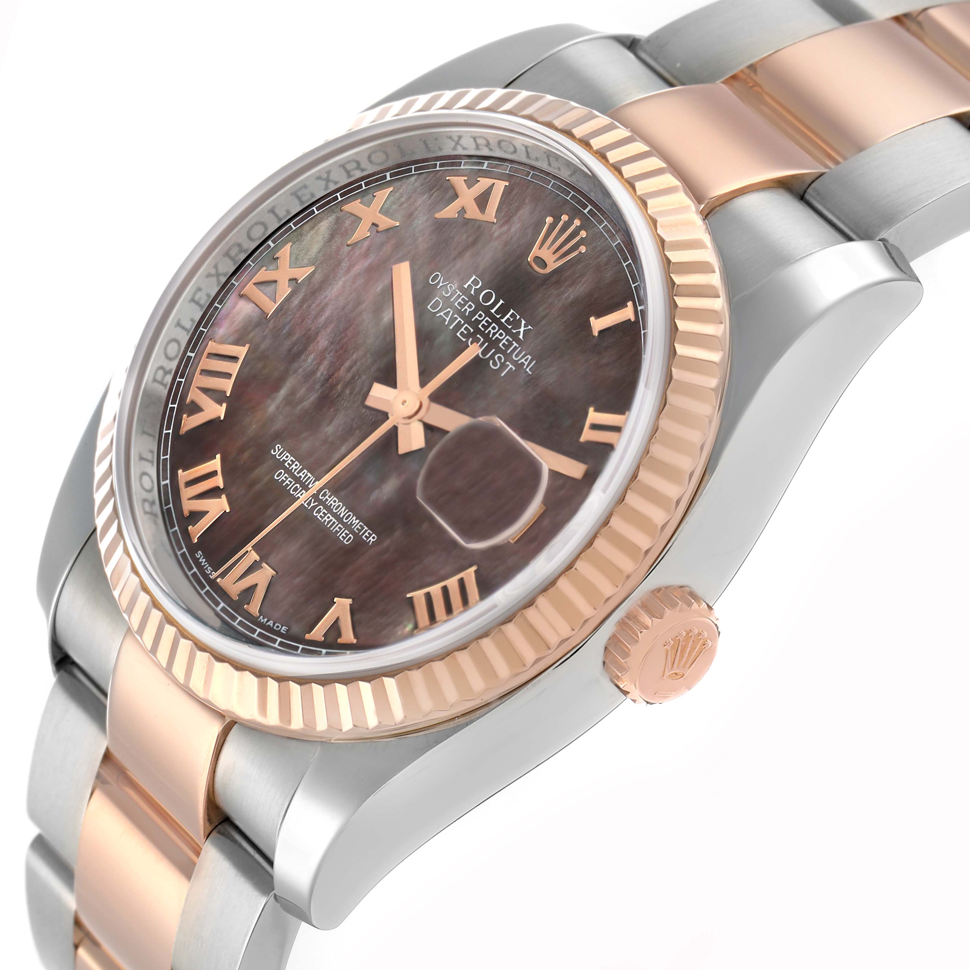 The Rolex Datejust 116231 Men
s Steel and Gold (two tone) Mother of Pearl Dial watch is shown from a side angle, highlighting its dial, fluted bezel, and two-tone bracelet.