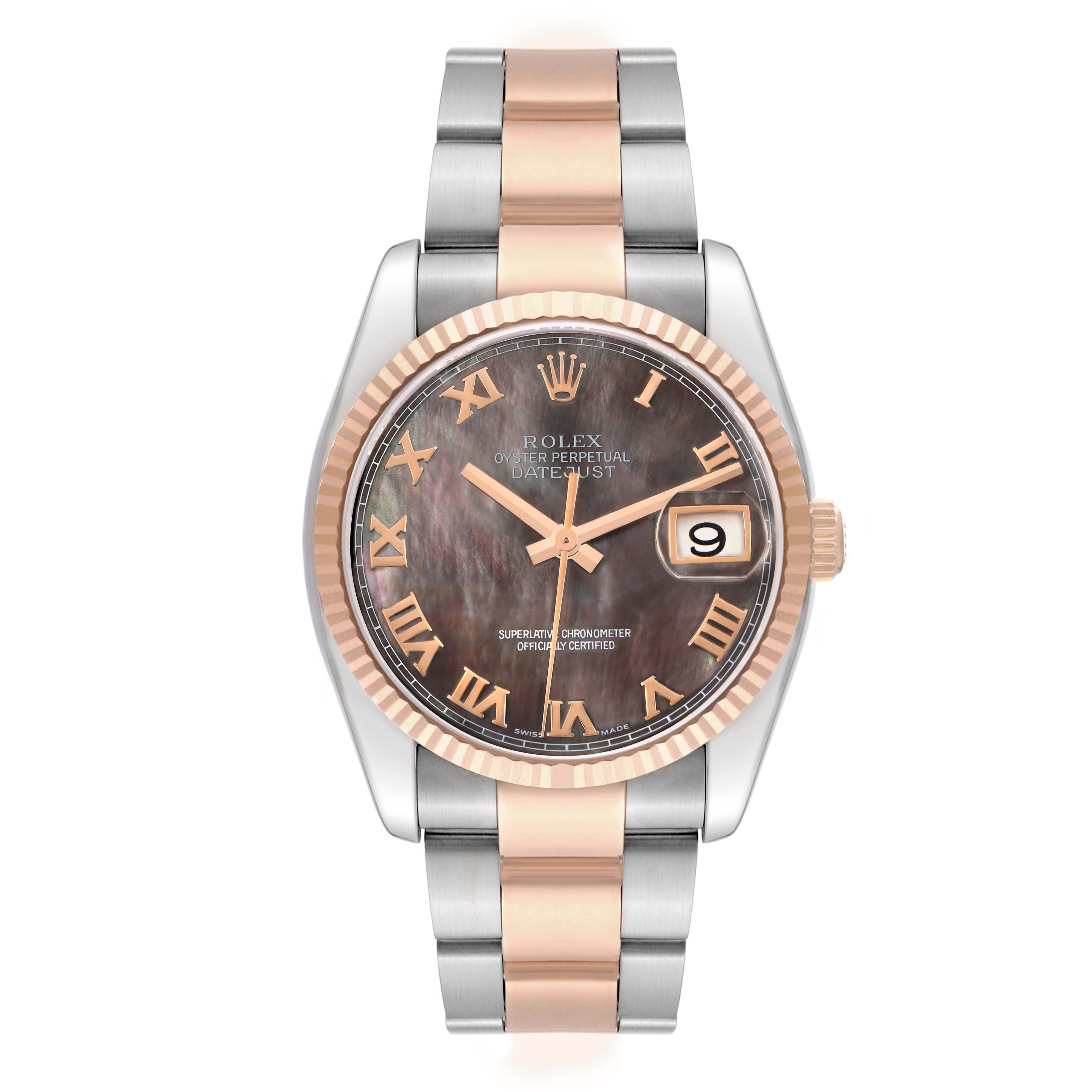 This Rolex Datejust 116231 Men
s Steel and Gold (two tone) Mother of Pearl Dial is shown from a top view, highlighting the dial, bezel, hands, and bracelet.