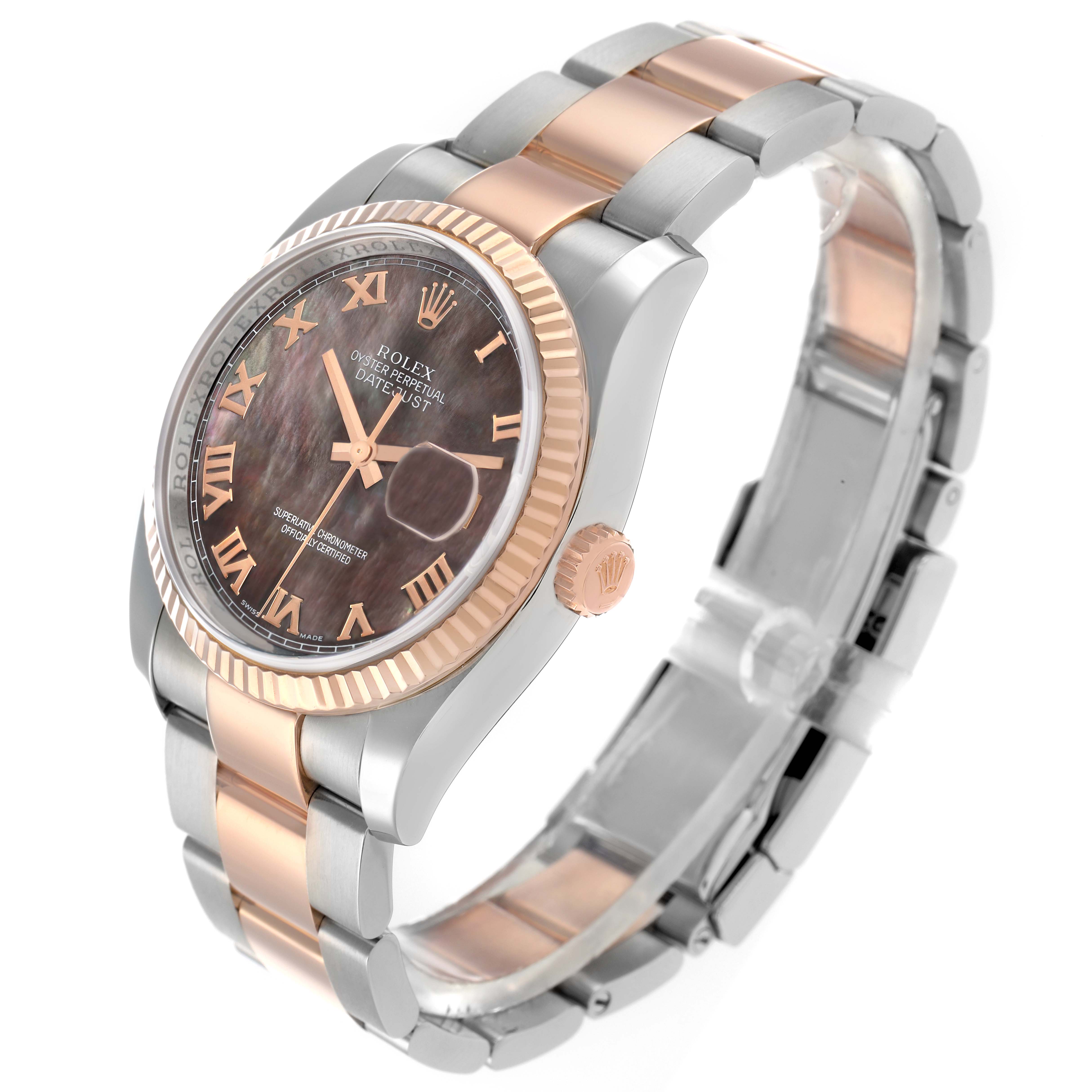 The Rolex Datejust 116231 Men
s Steel and Gold (two tone) Mother of Pearl Dial watch is shown at a three-quarter angle, highlighting the dial, bezel, crown, and part of the bracelet.