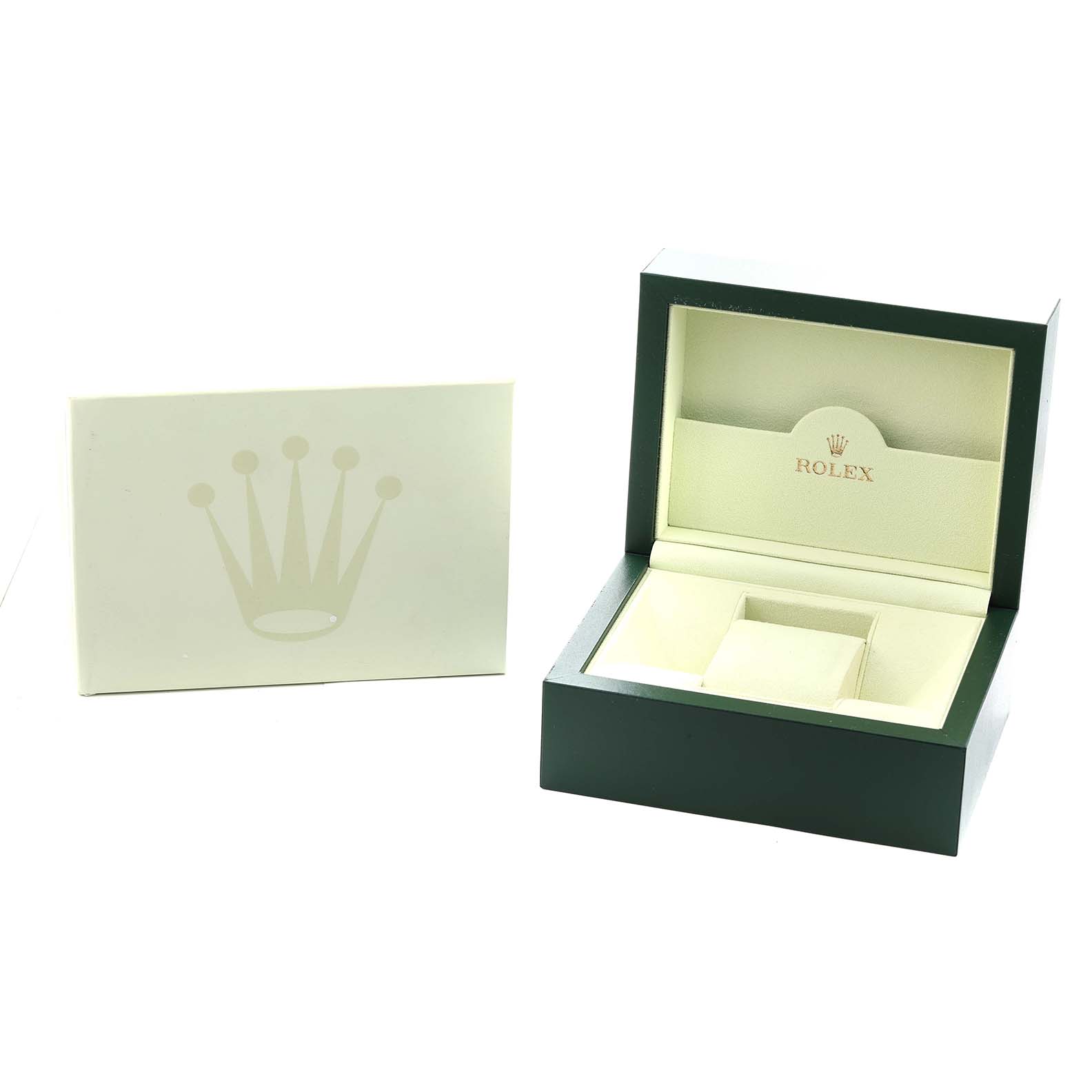 The image shows an open Rolex Datejust 116231 Men
s Steel and Gold (two tone) Mother of Pearl Dial watch box and a separate outer box, viewed from above at a slight angle.