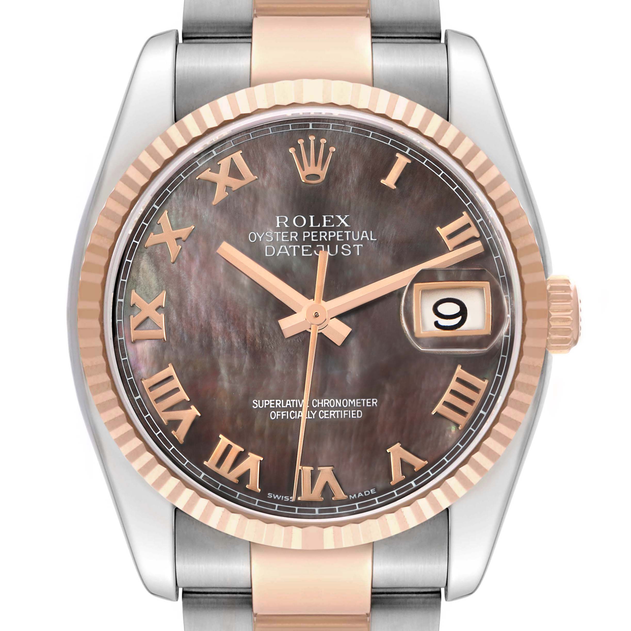 The image shows the face of the Rolex Datejust 116231 Men
s Steel and Gold (two tone) Mother of Pearl Dial watch from a top-down angle, displaying the dial, bezel, and part of the bracelet.