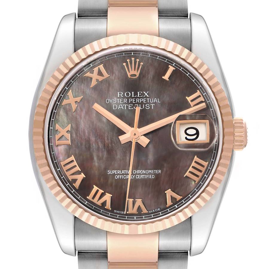 The image shows the face of the Rolex Datejust 116231 Men's Steel and Gold (two tone) Mother of Pearl Dial watch from a top-down angle, displaying the dial, bezel, and part of the bracelet.